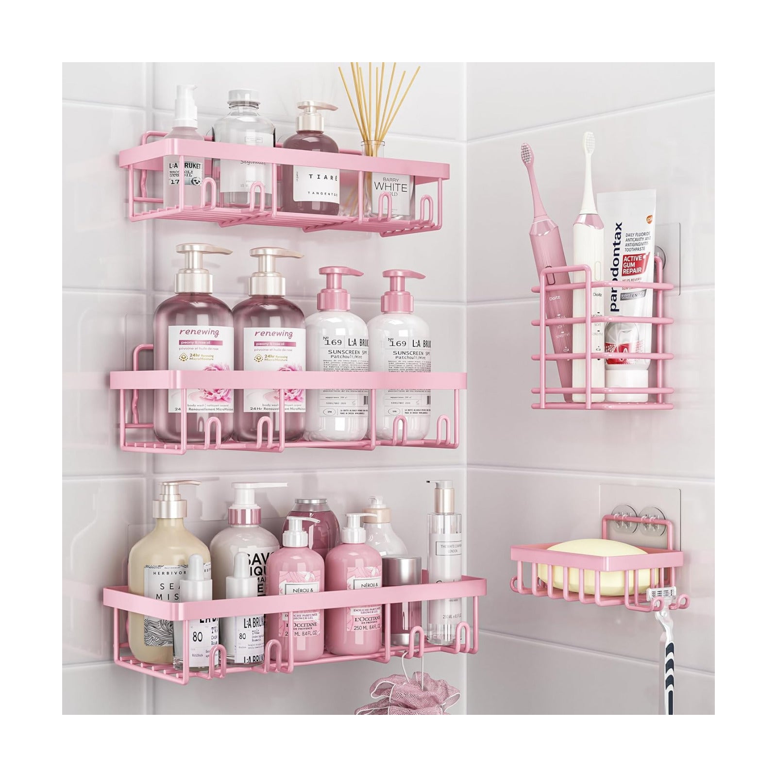 Adhesive Bathroom Wall Storage Basket Rustproof / Pink / Set of 5