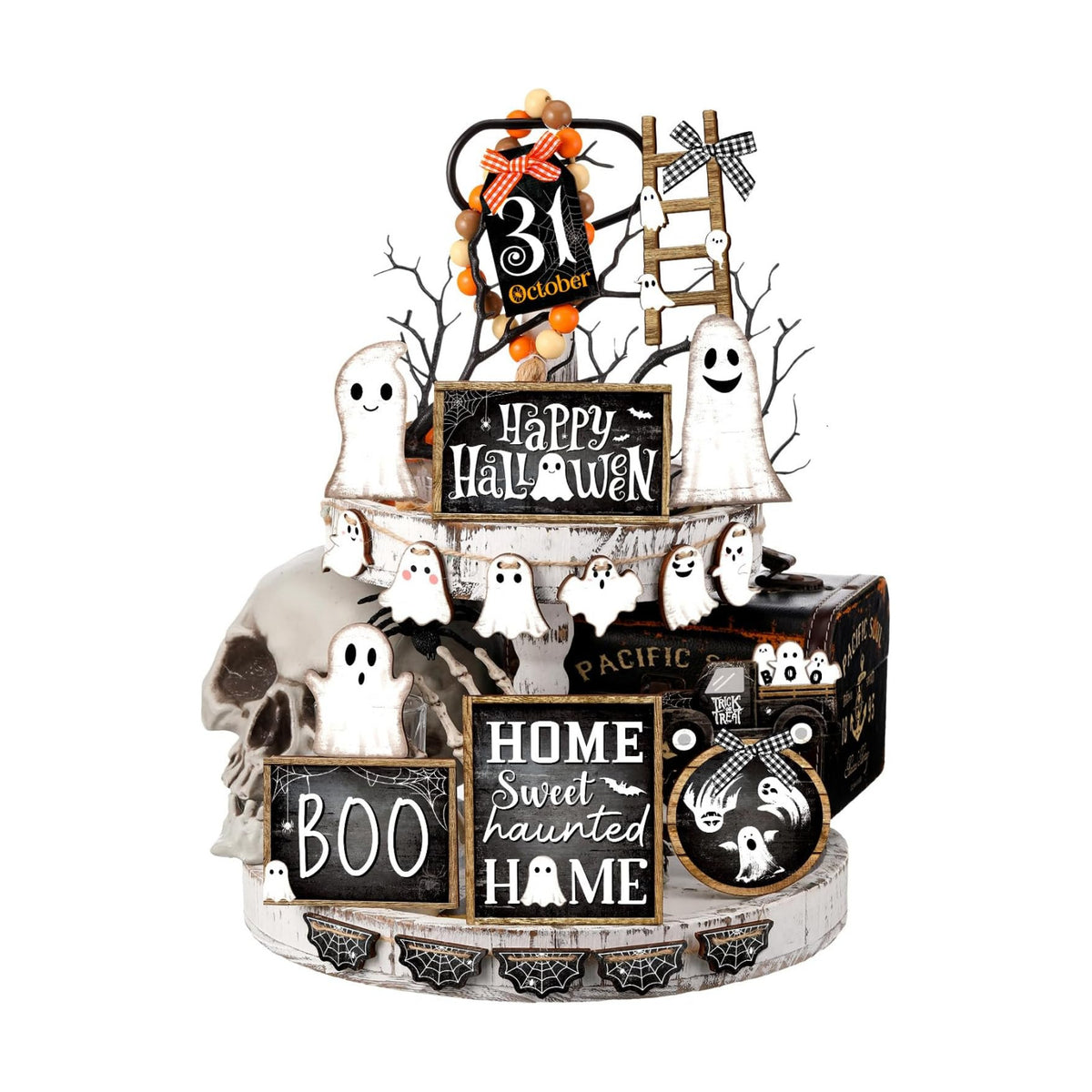MiniInflat Halloween Tiered Tray Decorations Set, Wood, Ghost, Black White