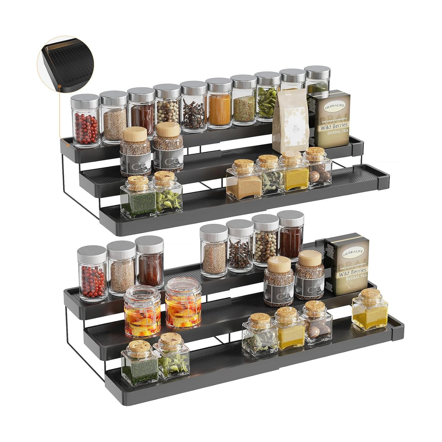 2 Pack Expandable Spice Rack Organizer for Cabinet - 3 Tier Adjustable Cabinet Spice Organizer Easy Visibility - Spice