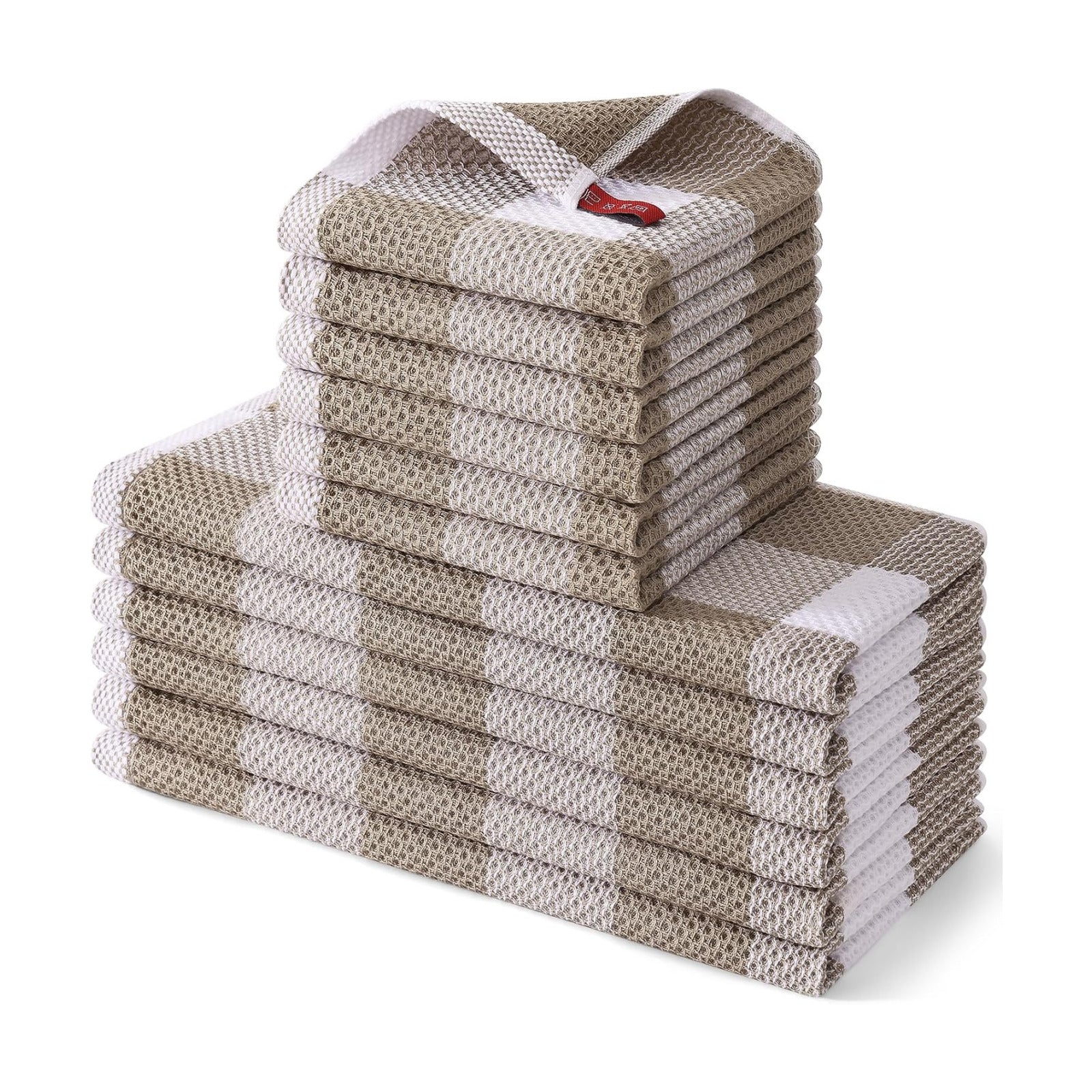 Homaxy Kitchen Towels and Dishcloths Set, Set of 12, White & Khaki | Bulk Cotton Waffle Weave Check Plaid Kitchen