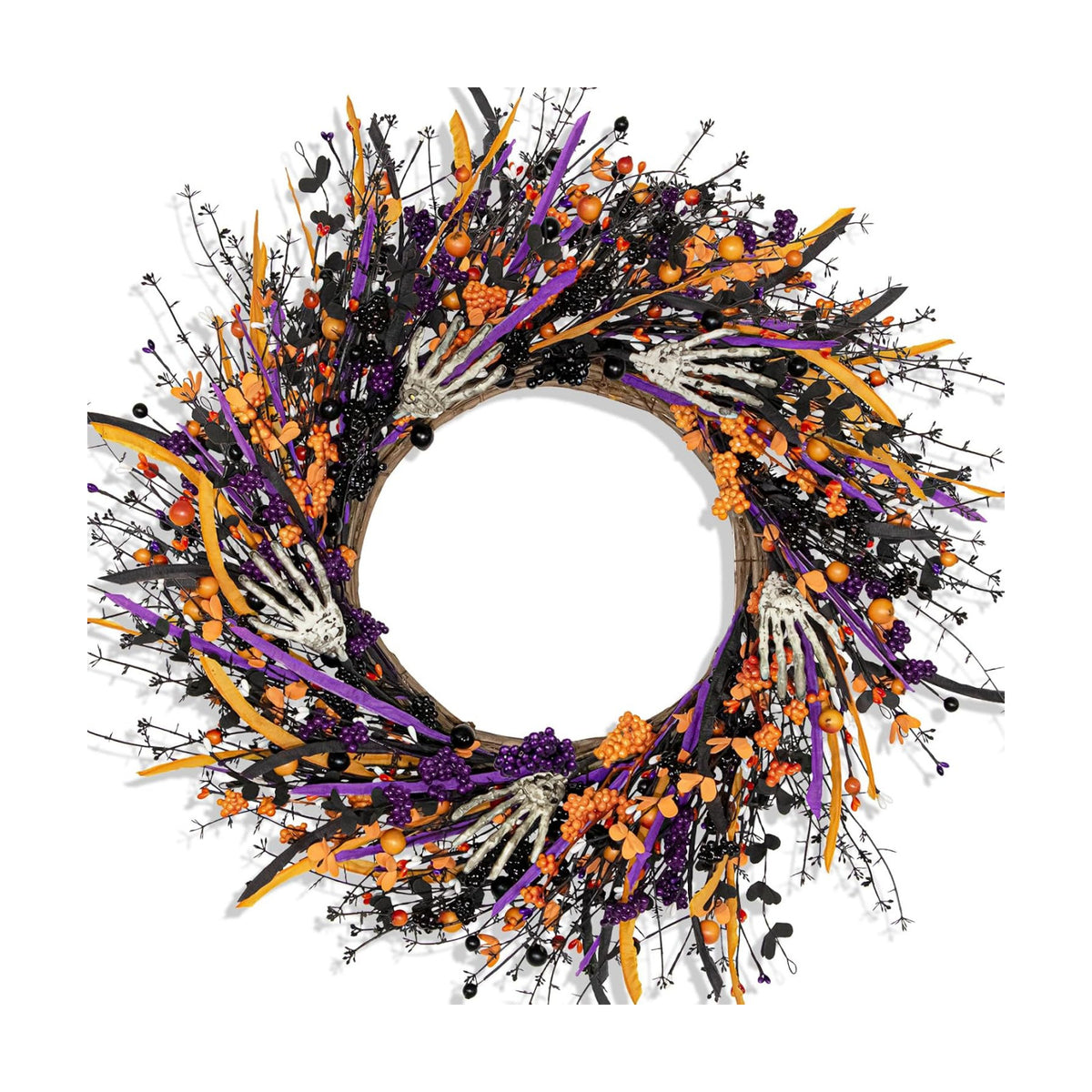 VioletEverGarden Halloween Wreaths for Front Door 22 Inch Skeleton Black Wreath Handmade Halloween Door Wreath with Purple and Orange Berries for Gothic Decorations