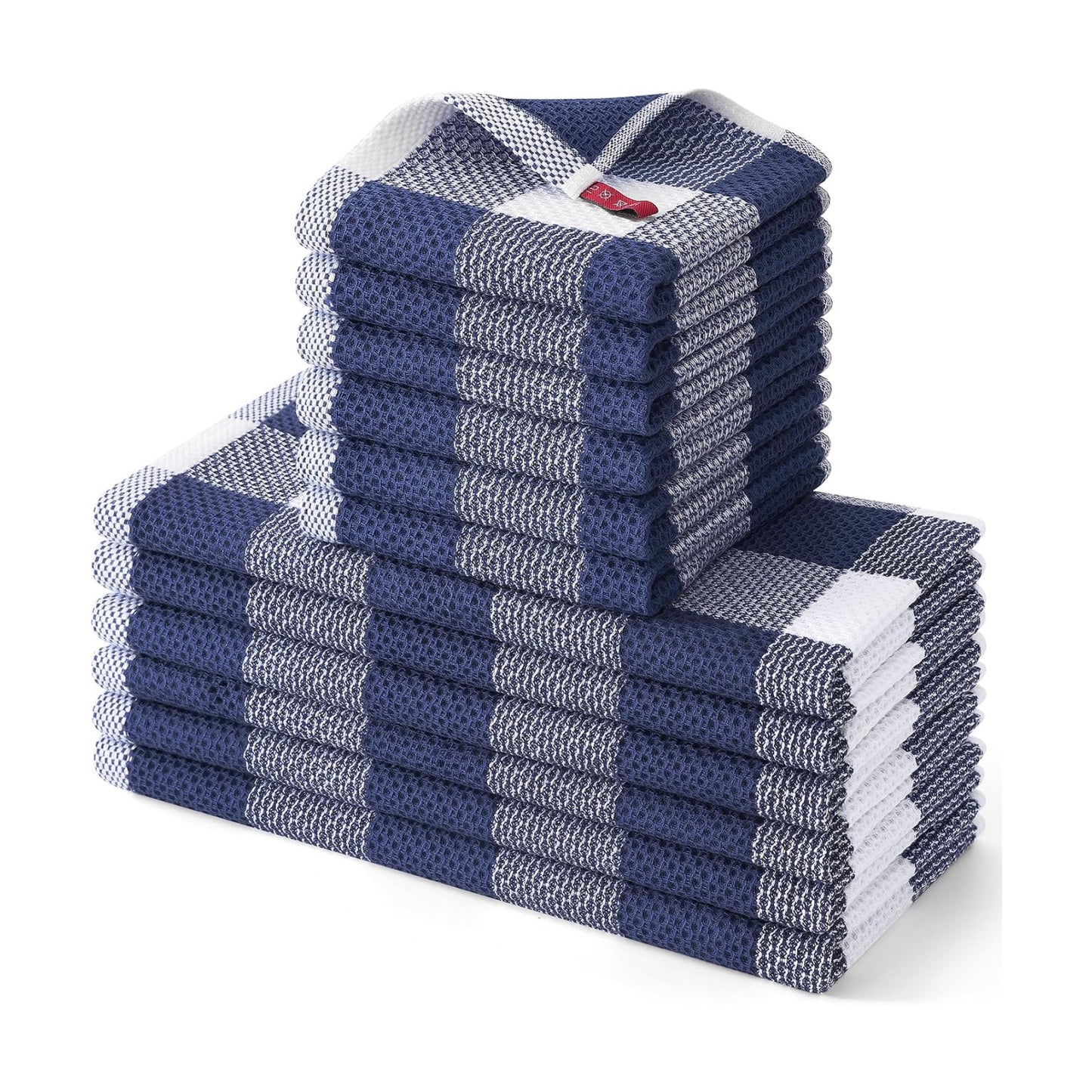 Homaxy Kitchen Towels and Dishcloths Set, Set of 12, White & Navy Blue | Bulk Cotton Waffle Weave Check Plaid Kitchen