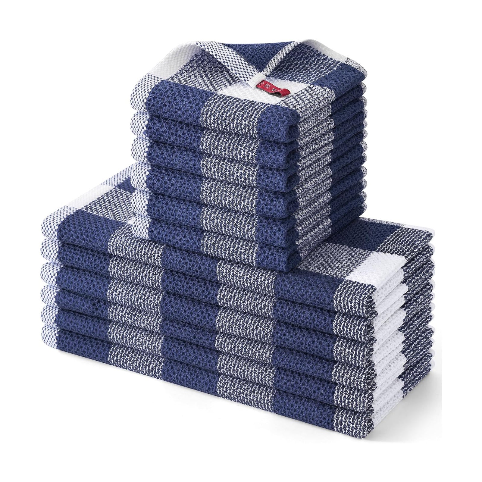 Homaxy Kitchen Towels and Dishcloths Set, Set of 12, White & Navy Blue | Bulk Cotton Waffle Weave Check Plaid Kitchen