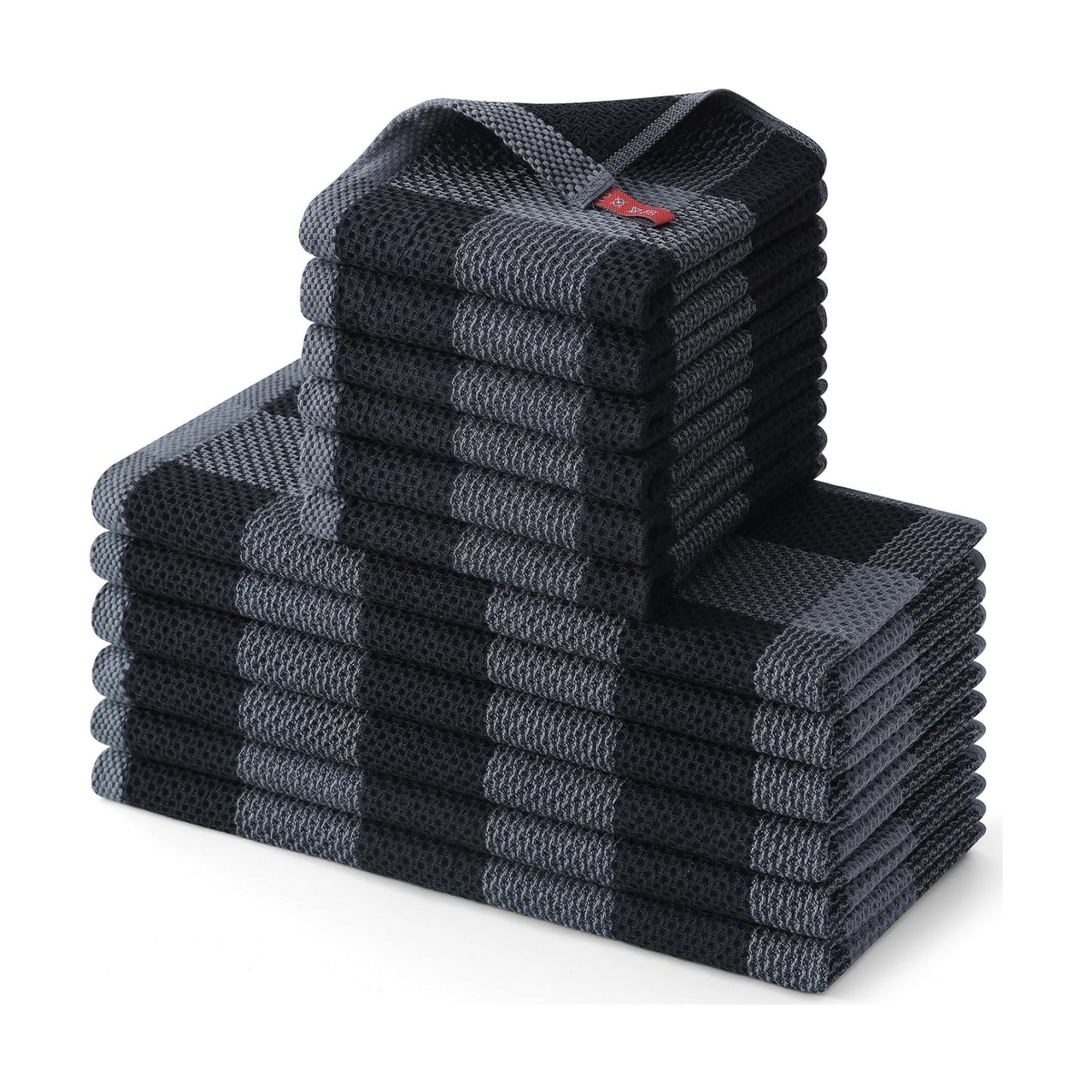 Homaxy Kitchen Towels and Dishcloths Set, Set of 12, Black & Grey | Bulk Cotton Waffle Weave Check Plaid Kitchen