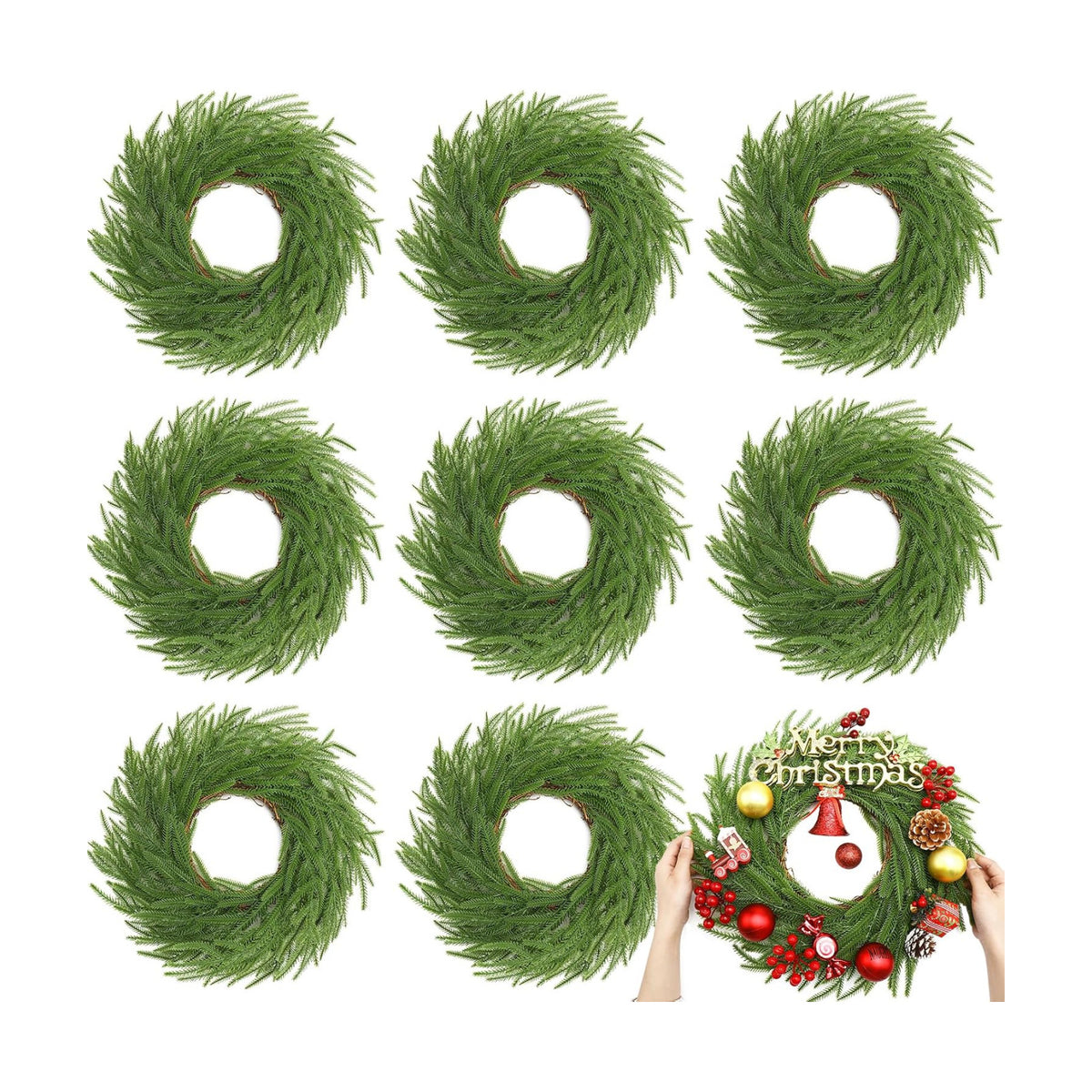 Zeyune 8 Pcs 14" Christmas DIY Green Wreath Artificial Wreath, Norfolk Pine