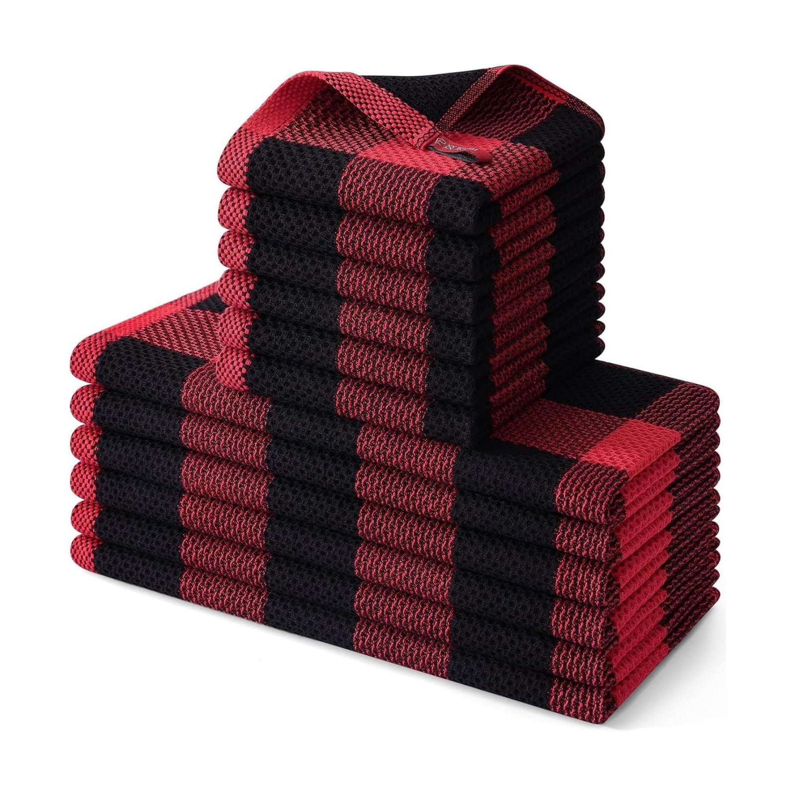 Homaxy Kitchen Towels and Dishcloths Set, Set of 12, Black & Red | Bulk Cotton Waffle Weave Check Plaid Kitchen Towels