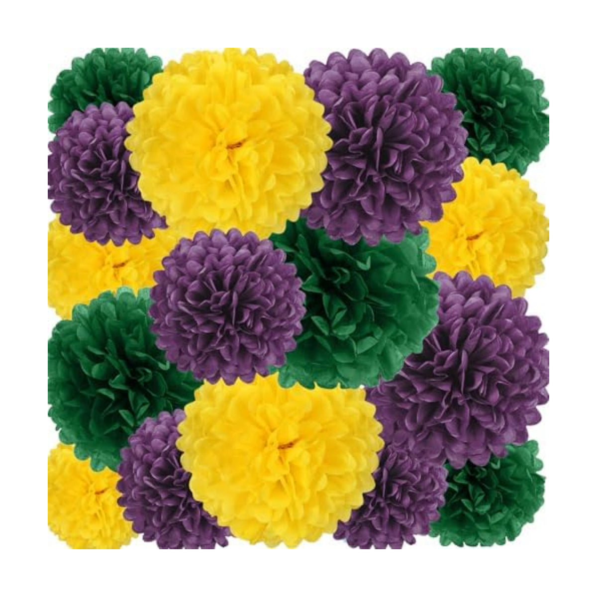 18 PCS Tissue Paper Pom Poms, Tissue Pom Poms Flowers, Sizes of 6", 10", 12", 14" Hanging Paper Flower Ball for Wedding, Birthday, Mardi Gras, Baby Shower Party Supplies Decor (Yellow Green Purple)