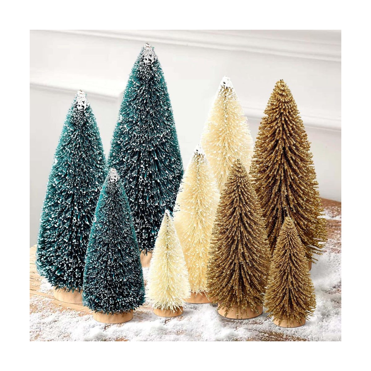9Pcs Mini Christmas Trees Christmas Decor Artificial Christmas Decorations with 4 Sizes, Christmas Tree Bottle Brush Trees Christmas Table Decorations (Dark Green Golden Beige)