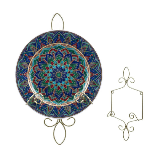 MyGift Wall Mounted Brass Tone Metal Wire Vertical Collectible Plate Holder, Decorative Vintage Scrollwork Hanging Rack
