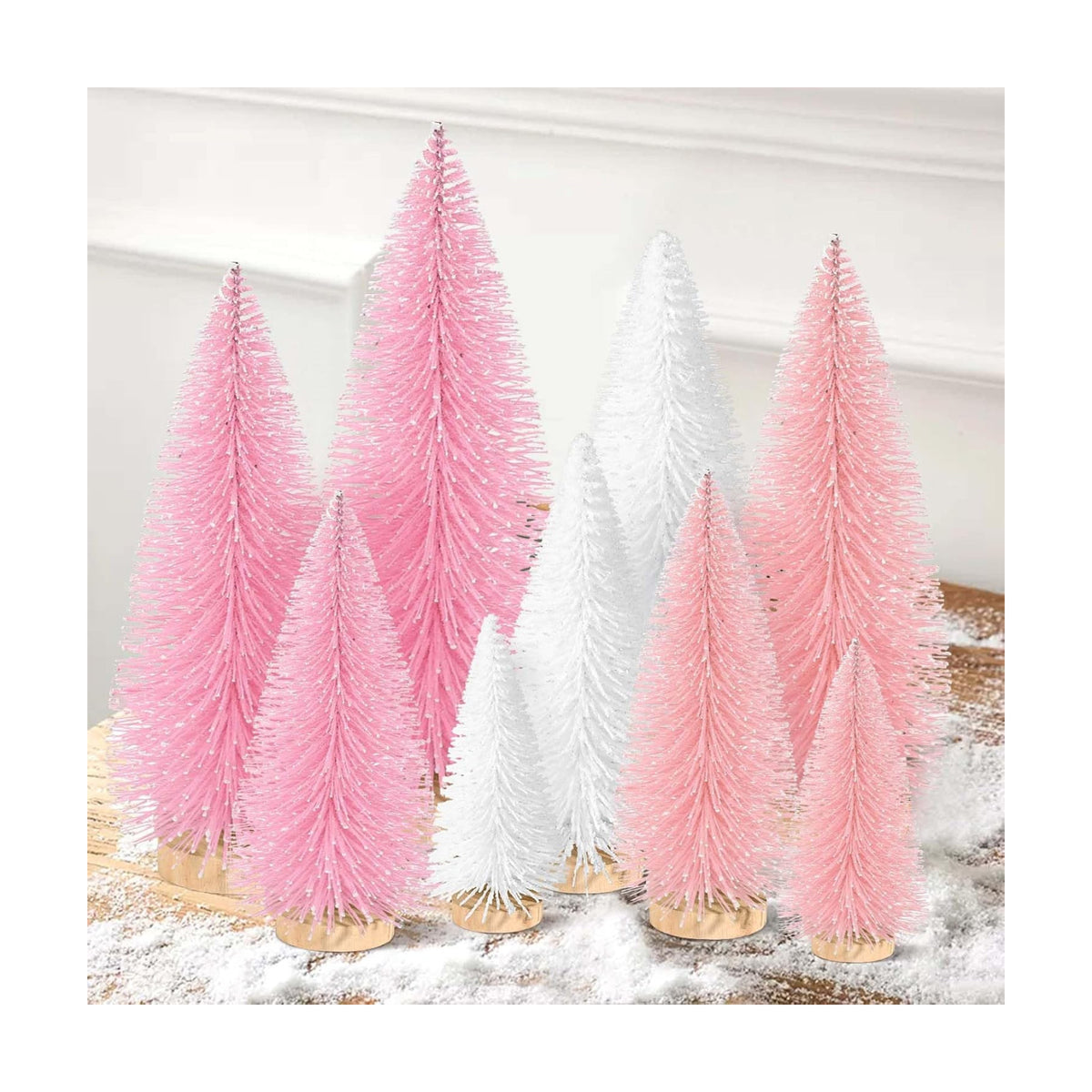 9Pcs Mini Christmas Trees Christmas Decor Artificial Christmas Decorations with 4 Sizes, Christmas Tree Bottle Brush Trees Christmas Table Decorations (Pink Light Pink White)