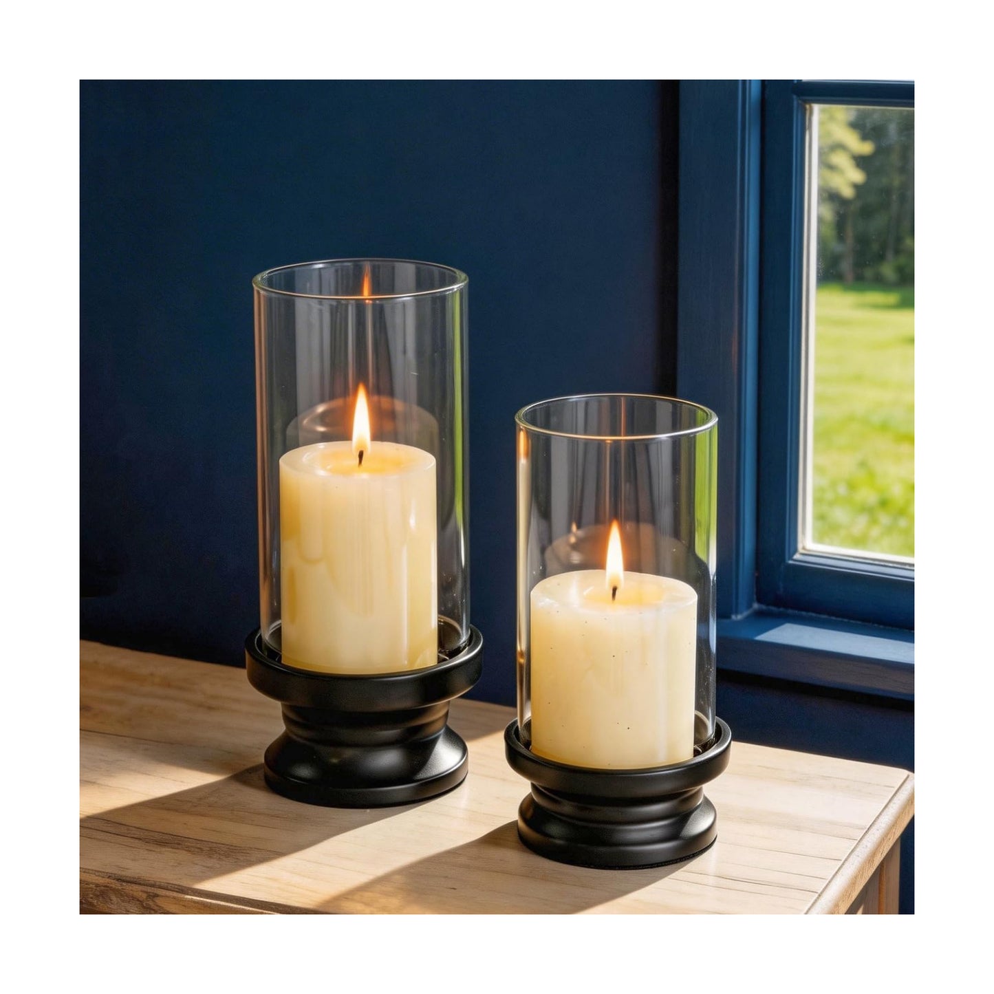 NUPTIO Hurricane Candle Holder for Pillar - Set of 2 Black | Pillar Candle Holders with Thick Glass Cylinder - Iron