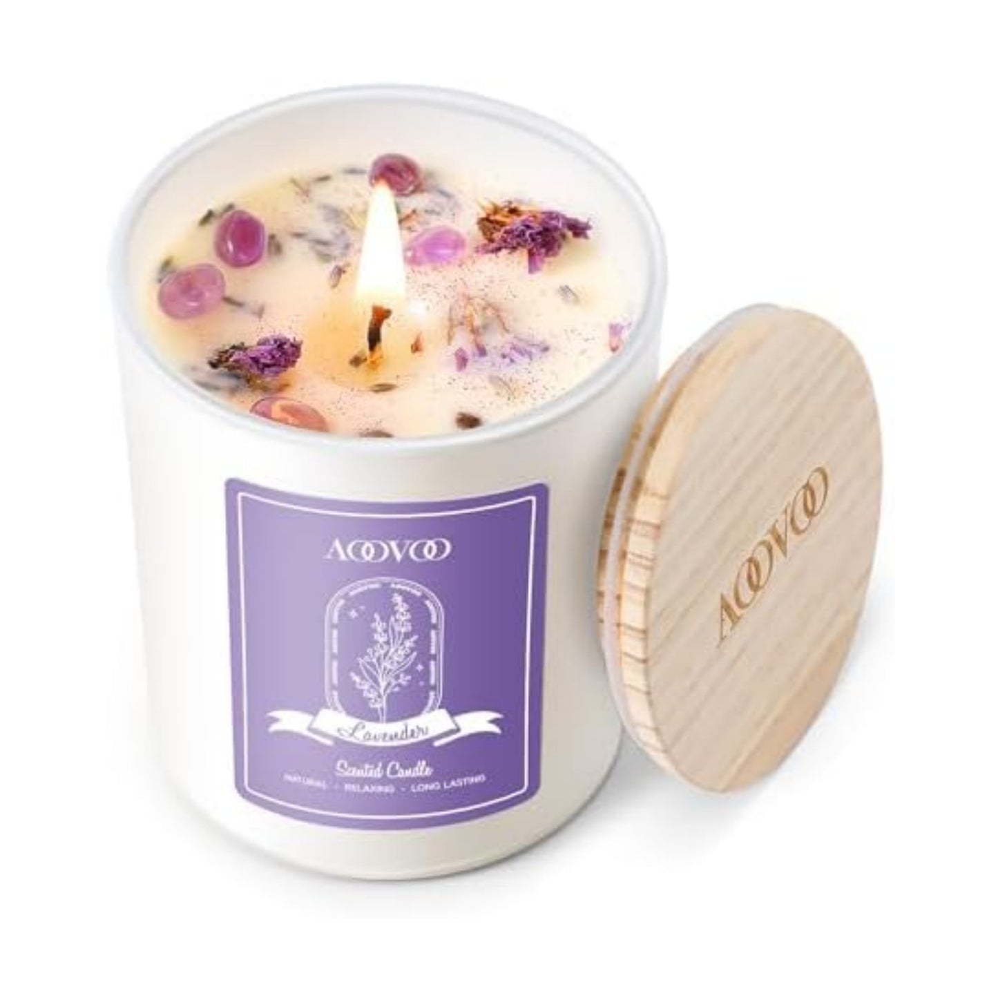 AOOVOO Lavender Scented Candles for Women - Aromatherapy Candle with Crystals Inside, 7oz Soy Candles for Home Scented