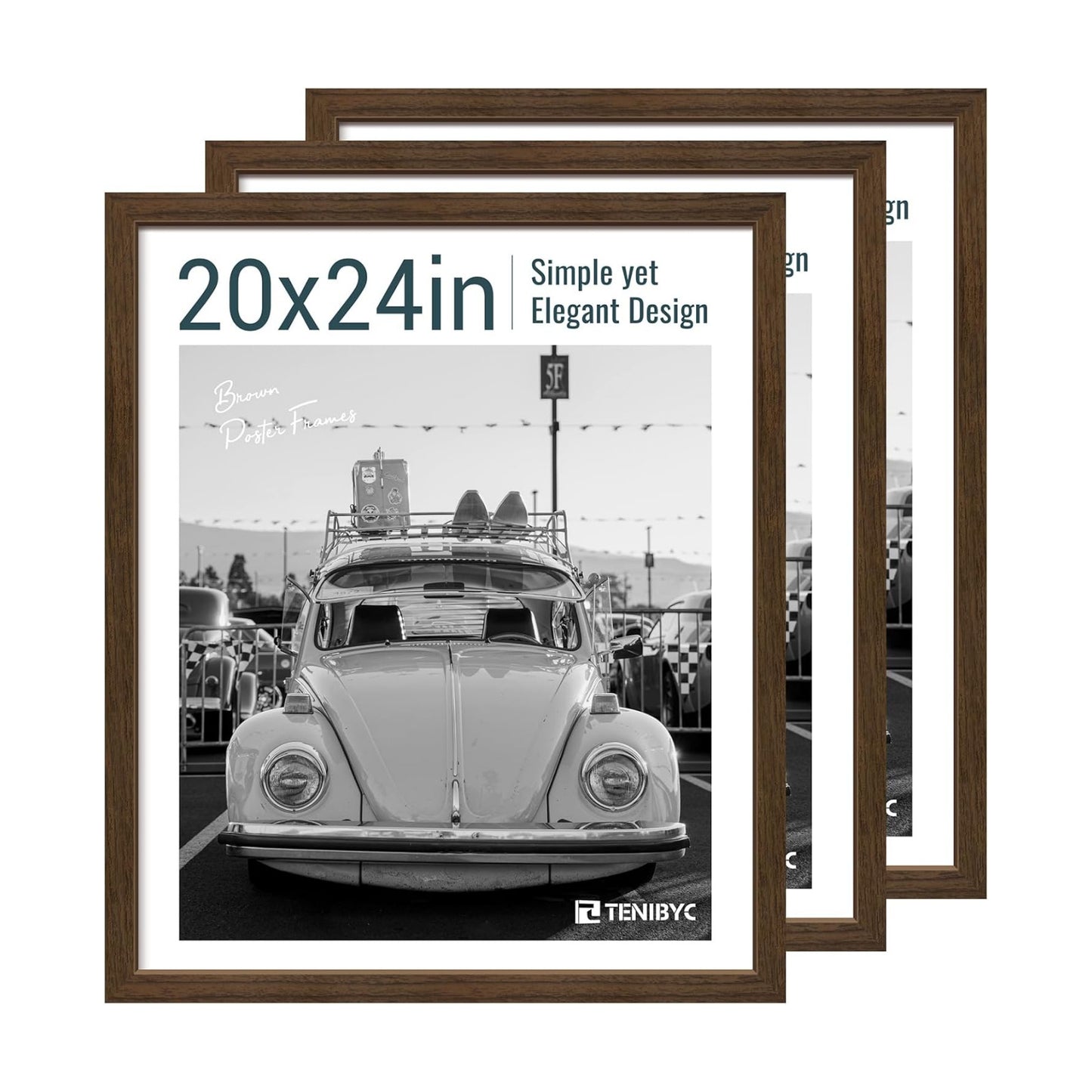 20x24 Picture Frame, Brown Wood, 3 Pack, Wall Hanging for Poster | Thick Polished Plexiglass, Large Poster Frame for