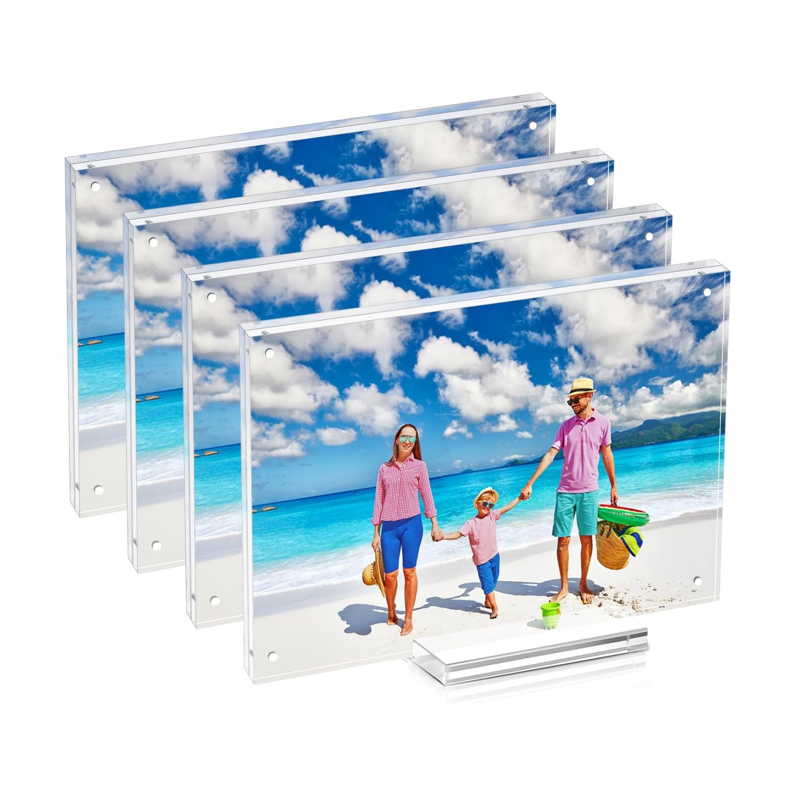 4 Pack 8x10 Magnetic Acrylic Picture Frame, Clear Floating with Base | Double Sided Frameless, Lucite Photo Frame