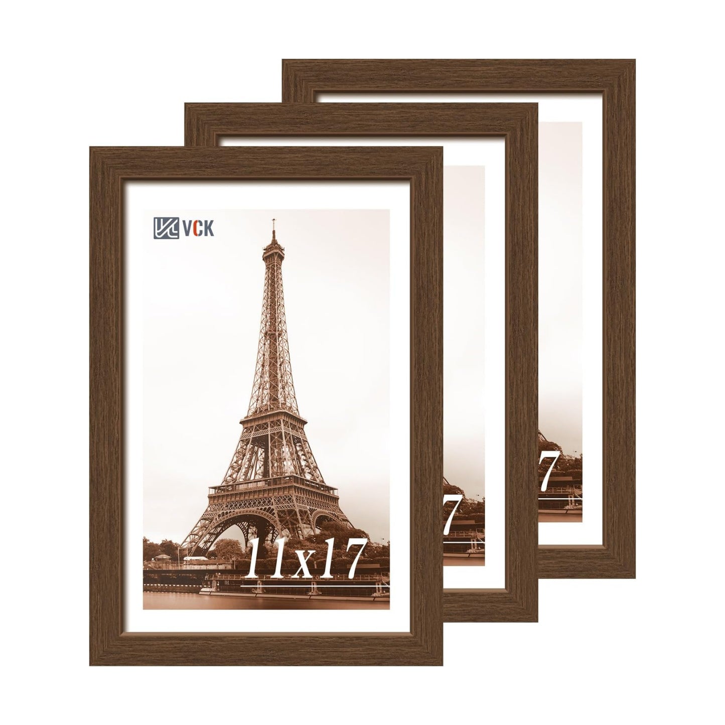 VCK 11x17 Picture Frame Set of 3, Brown Wood Frames, Gallery Wall Decor Photo Frames for Wall Mounting Horizontally or