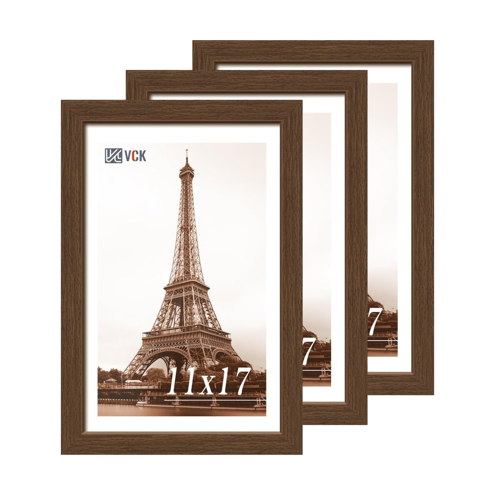 VCK 11x17 Picture Frame Set of 3, Brown Wood Frames, Gallery Wall Decor Photo Frames for Wall Mounting Horizontally or