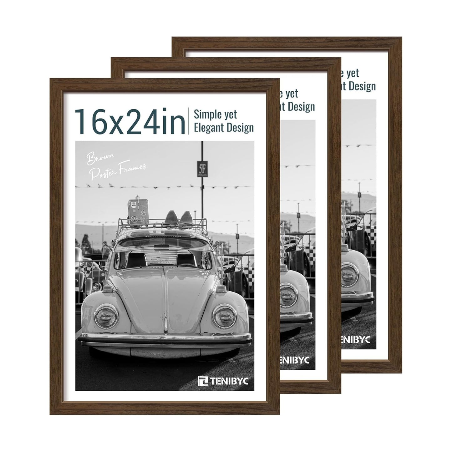 16x24 Picture Frame, Brown Wood, 3 Pack, Wall Hanging for Poster | Thick Polished Plexiglass, Travel Poster Frame for