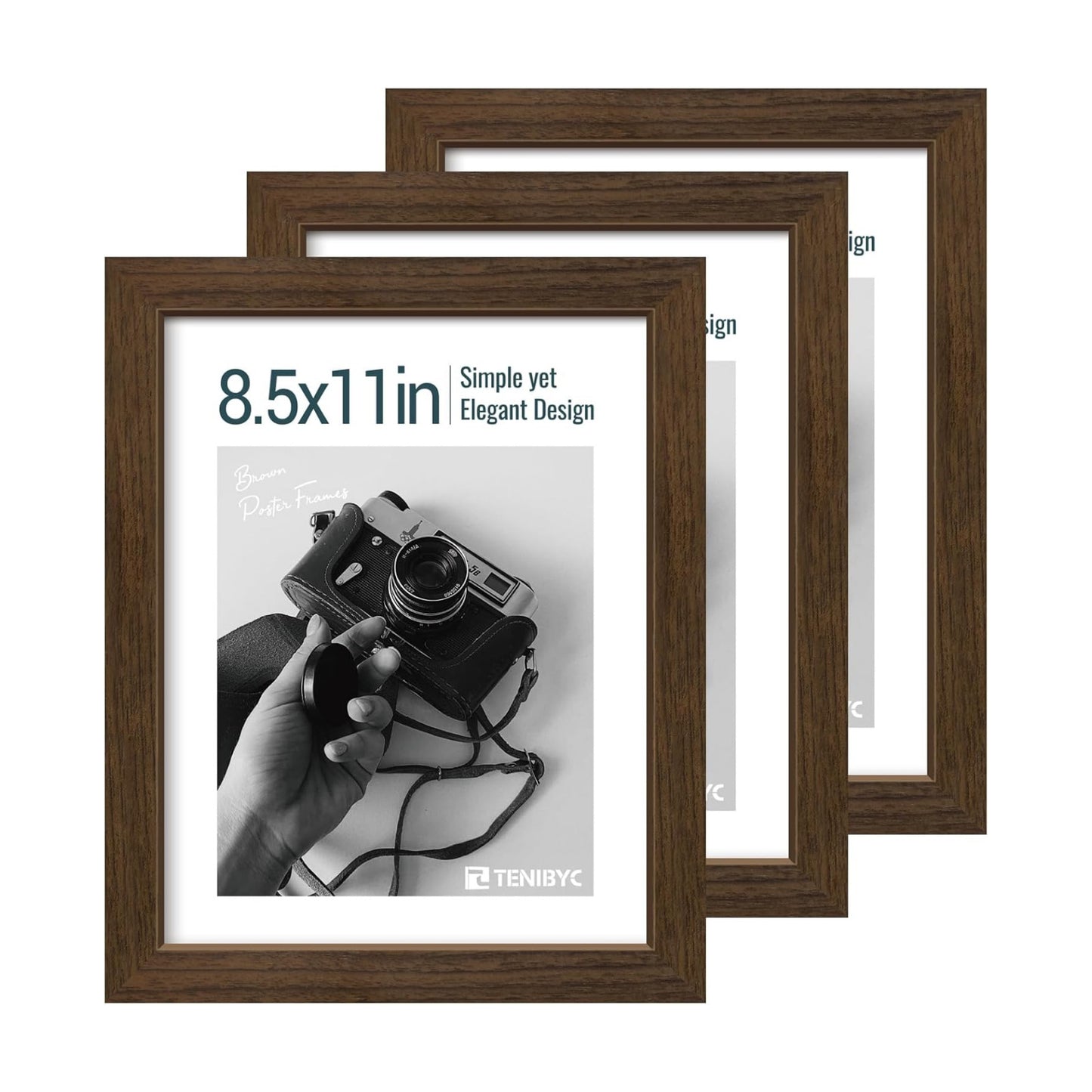 8.5 by 11 picture frame 3 Pack, Brown Wood, Real Glass, for Photo | Thick HD Tempered Glass, Tabletop or Wall Hanging