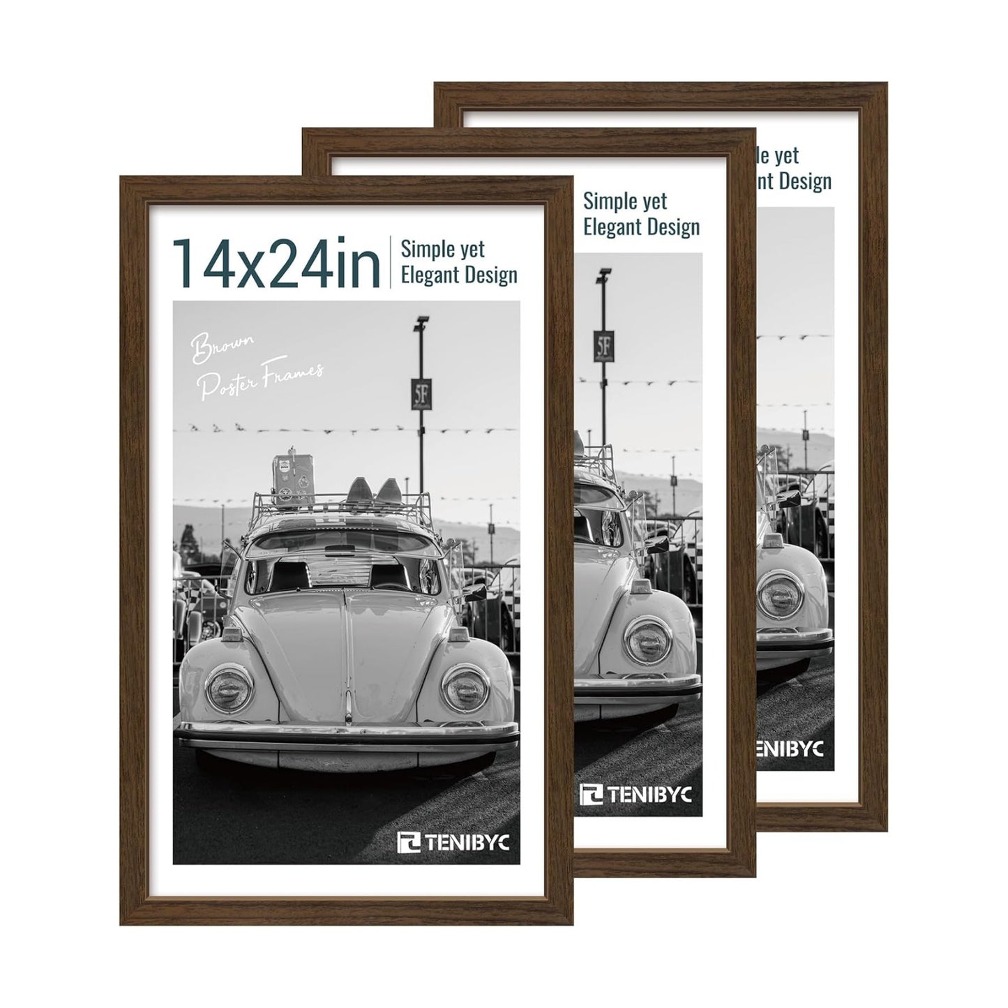 14x24 Picture Frame, Brown Wood, 3 Pack, Wall Hanging for Poster | Thick Polished Plexiglass, Panoramic Poster Frame