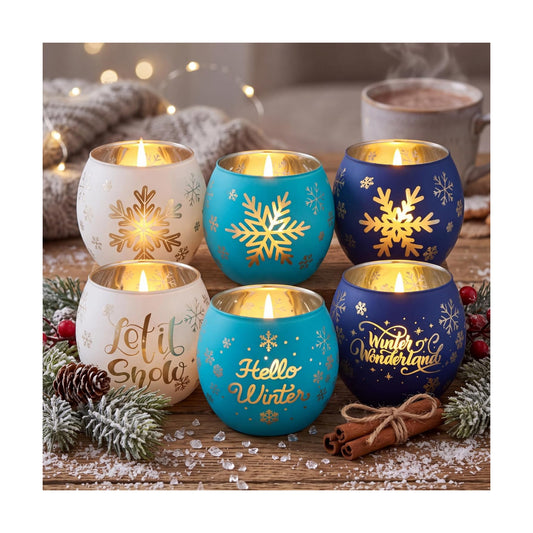 Jingmore 6 Pcs Glass Votive Holders, Winter, White, Blue