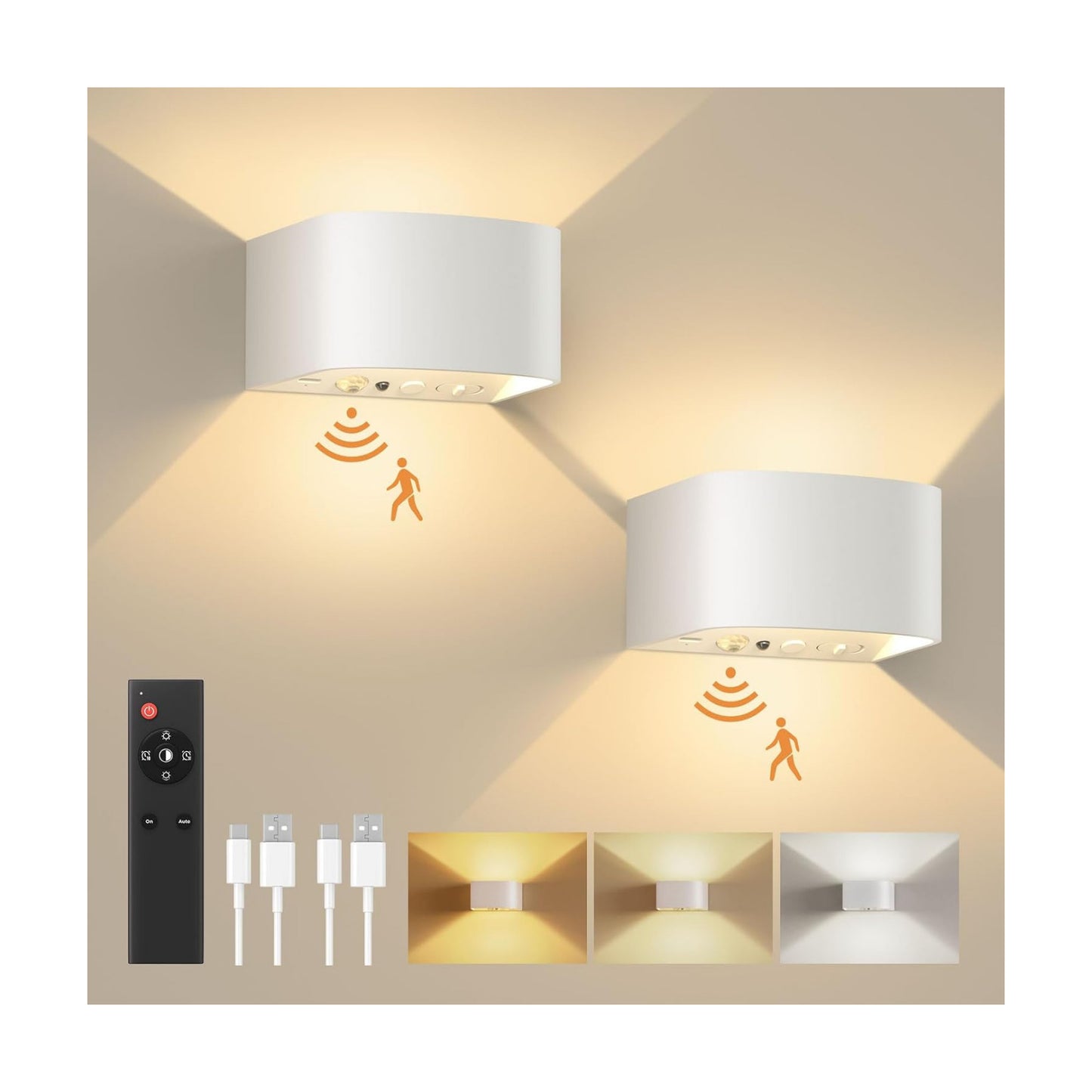 FULEN Motion Sensor Wall Light with Remote Control 3 Colors Wireless Wall Sconces LED Indoor Up and Down Wall Lamp