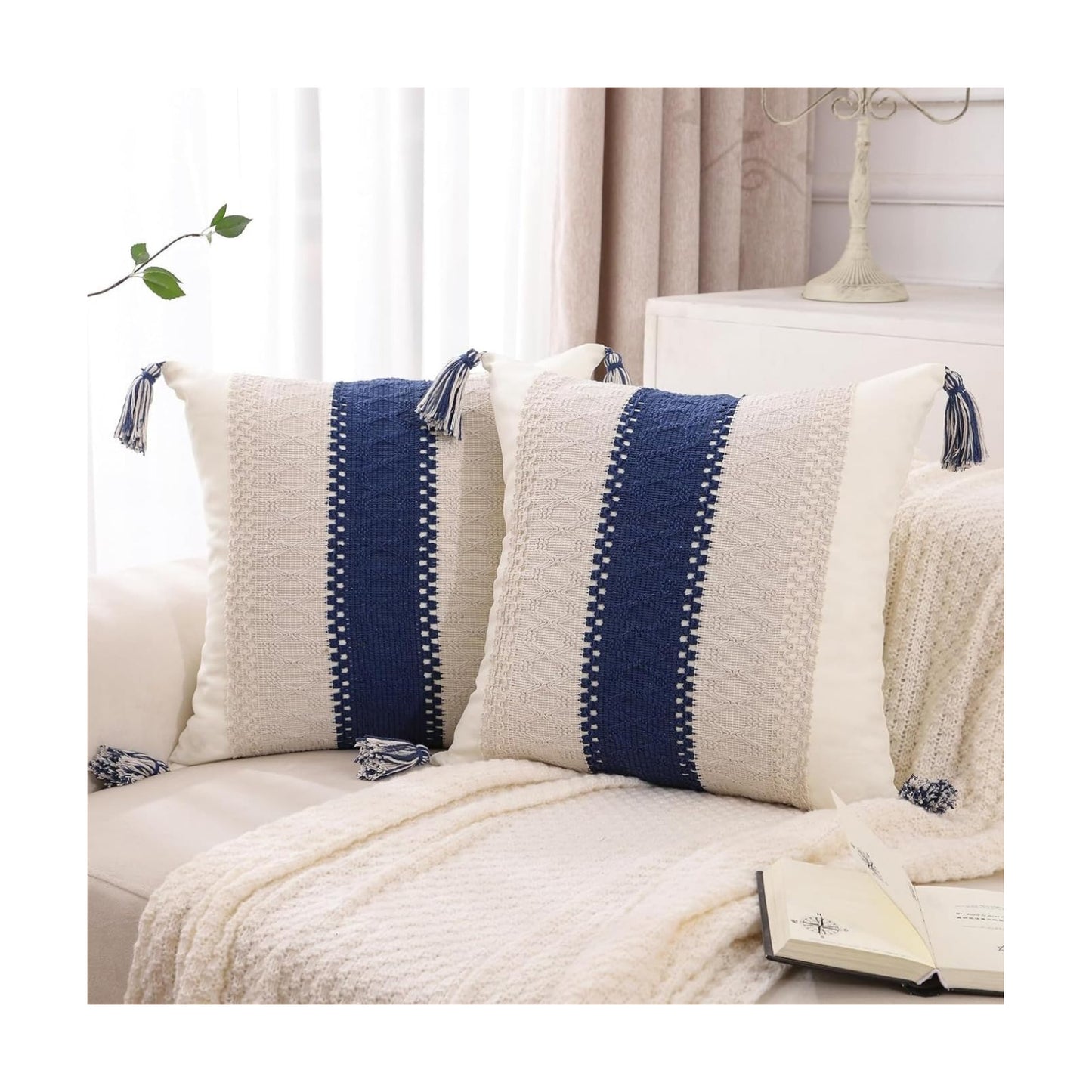 Tassels Boho Throw Pillow Covers Neutral Coastal / Navy Blue Single Stripe / 18 x 18 / Set of 2