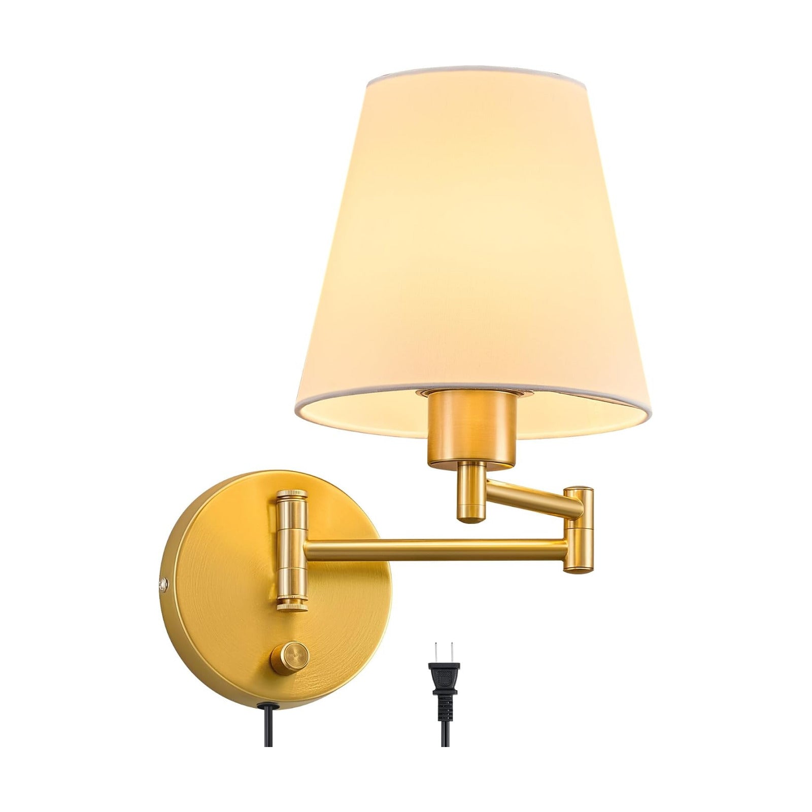 VONLUCE Wall Lamp, Plug in & Swing Arm Wall Sconce, Gold Finish | Modern Wall Lights with White Fabric Shades, Plug in