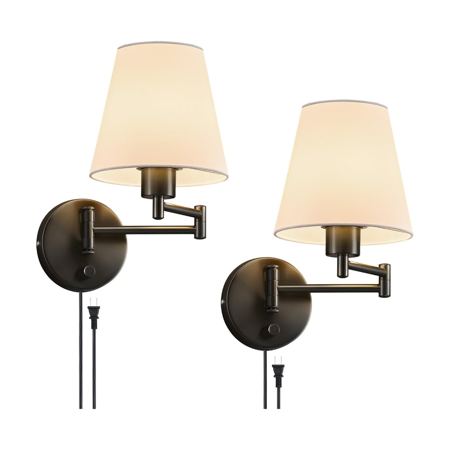 VONLUCE Wall Sconce Set of 2, Plug in & Swing Arm Wall Lamps, Black Finish | Modern Wall Lights with White Fabric