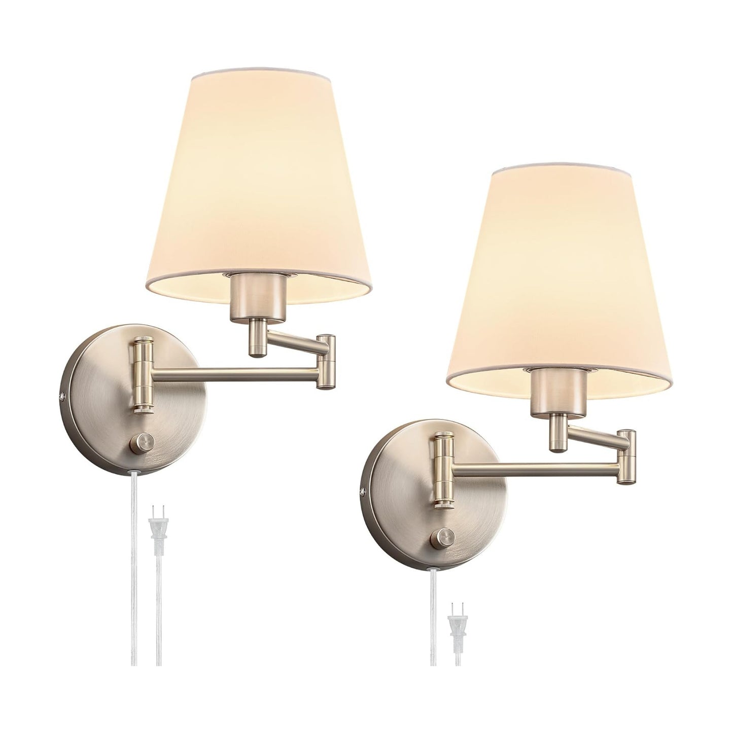 VONLUCE Wall Sconce Set of 2, Plug in & Swing Arm Wall Lamps, Nickel Finish | Modern Wall Lights with White Fabric