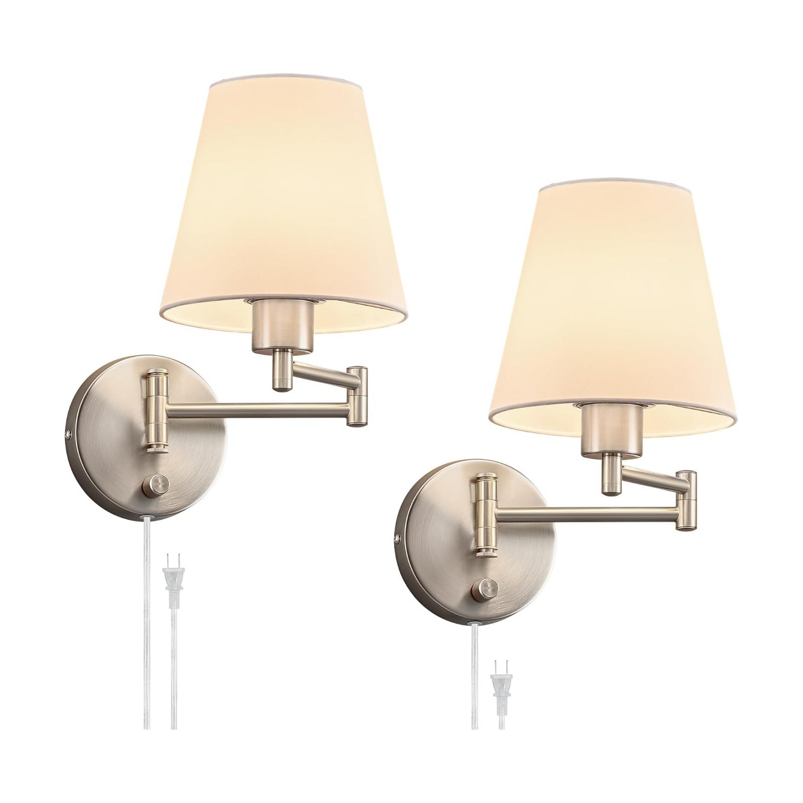 VONLUCE Wall Sconce Set of 2, Plug in & Swing Arm Wall Lamps, Nickel Finish | Modern Wall Lights with White Fabric