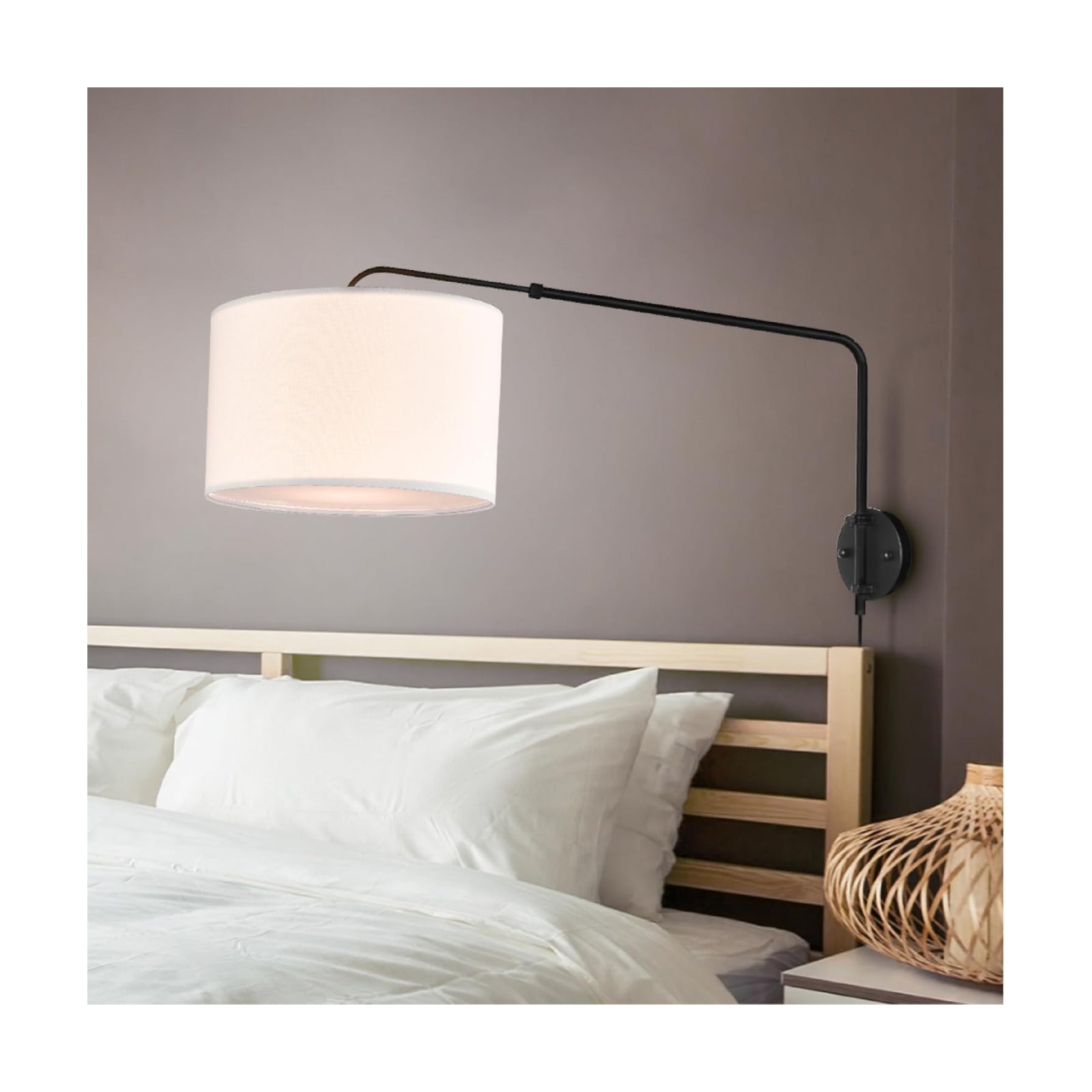 Coby Adjustable Sconce, Wall Mount Light with Telescopic Swing Arm, Matte Black Finish with 2 Linen Shades Included