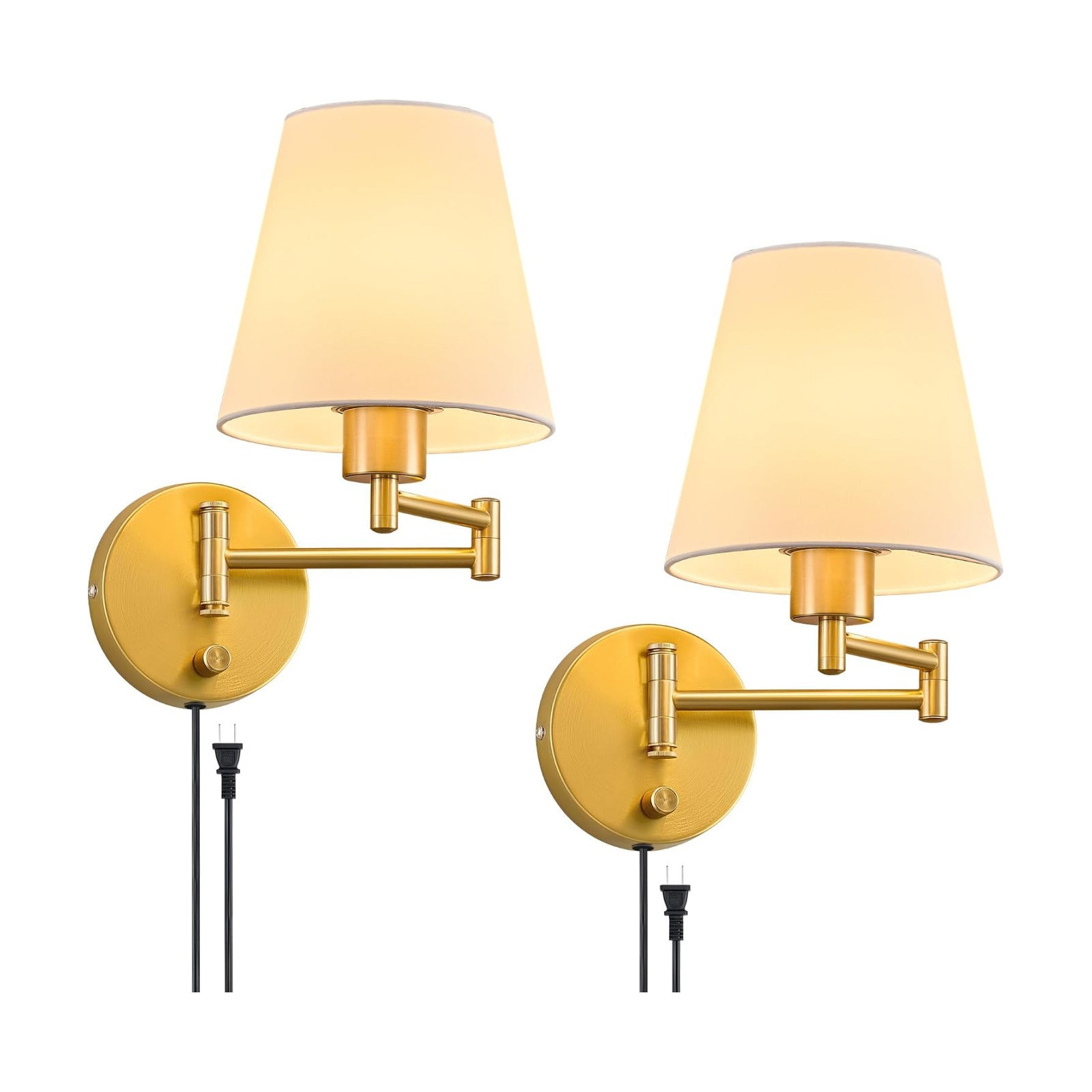 VONLUCE Wall Sconce Set of 2, Plug in & Swing Arm Wall Lamps, Gold Finish | Modern Wall Lights with White Fabric