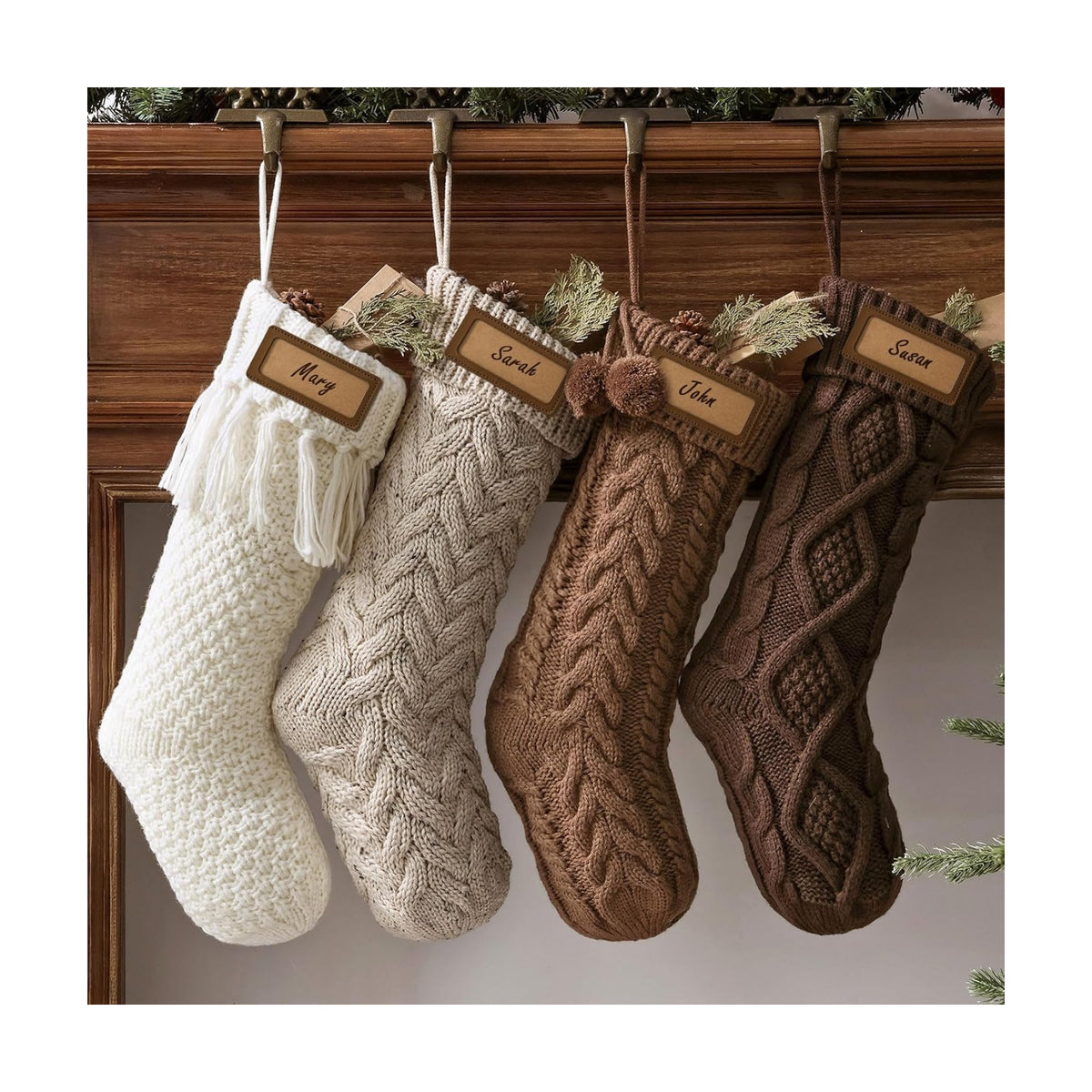 Farmhouse Knitted Personalised Christmas Stockings: 4 Pack 18 Inch Rustic Neutral Cable Knit Fireplace Stockings, Rustic Cozy Hanging Xmas Stocking Decorations for Family Holiday Décor, Earth Tones