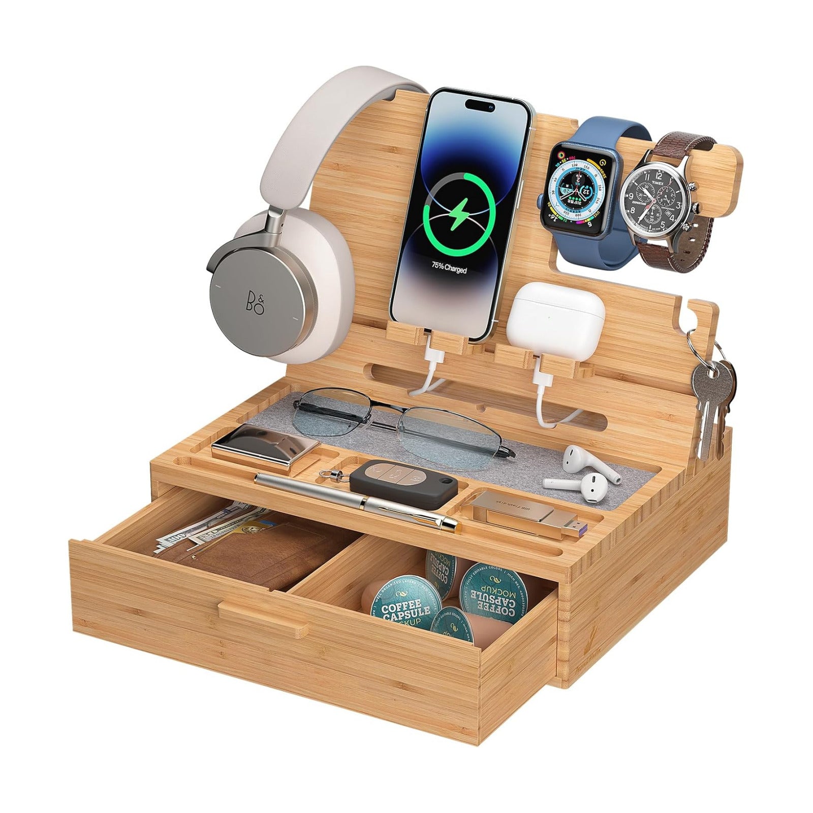 Pezin&Hulin Docking Station with Drawer, Nightstand Organizer (Nature) | Desk Organizer for Phones, Watch, Keys