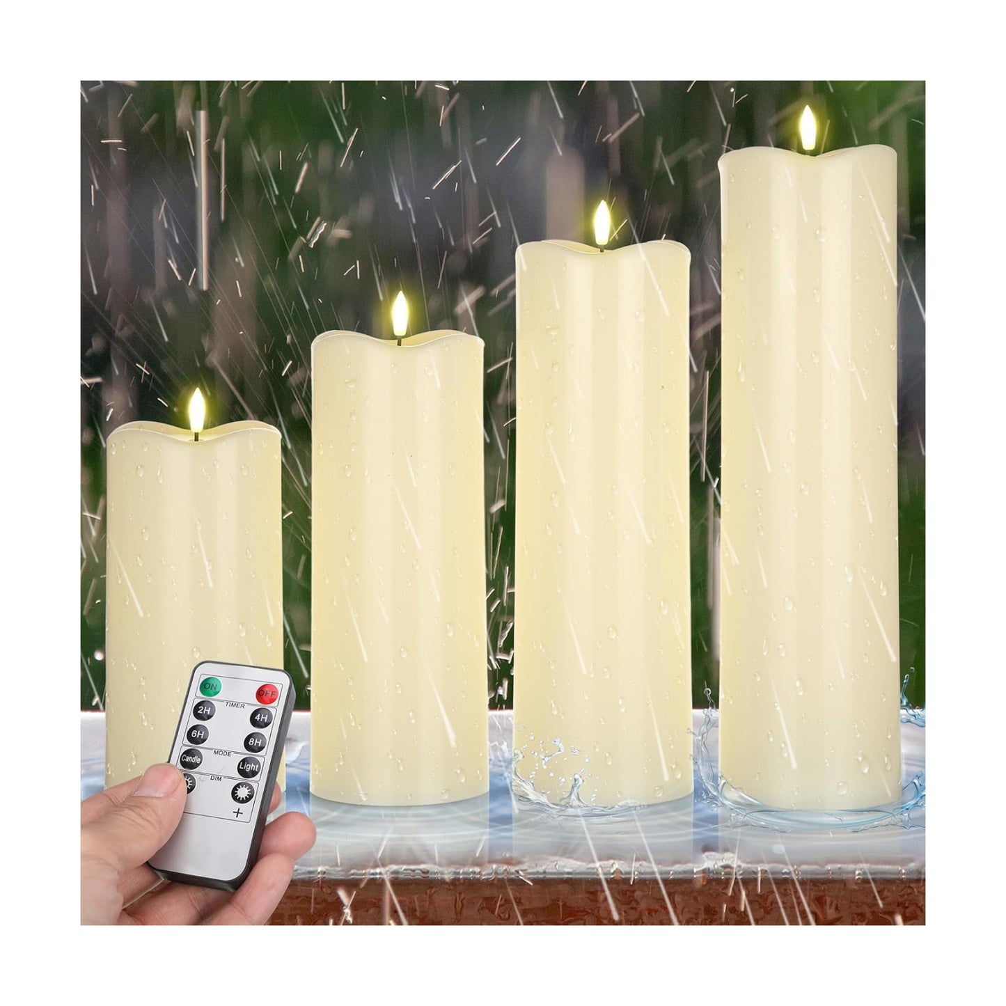 Rossesay 8" 10" 12" 14" x 4" Large Waterproof Outdoor Flameless Candles, 4 Pcs LED Pillar Candles with Remote and