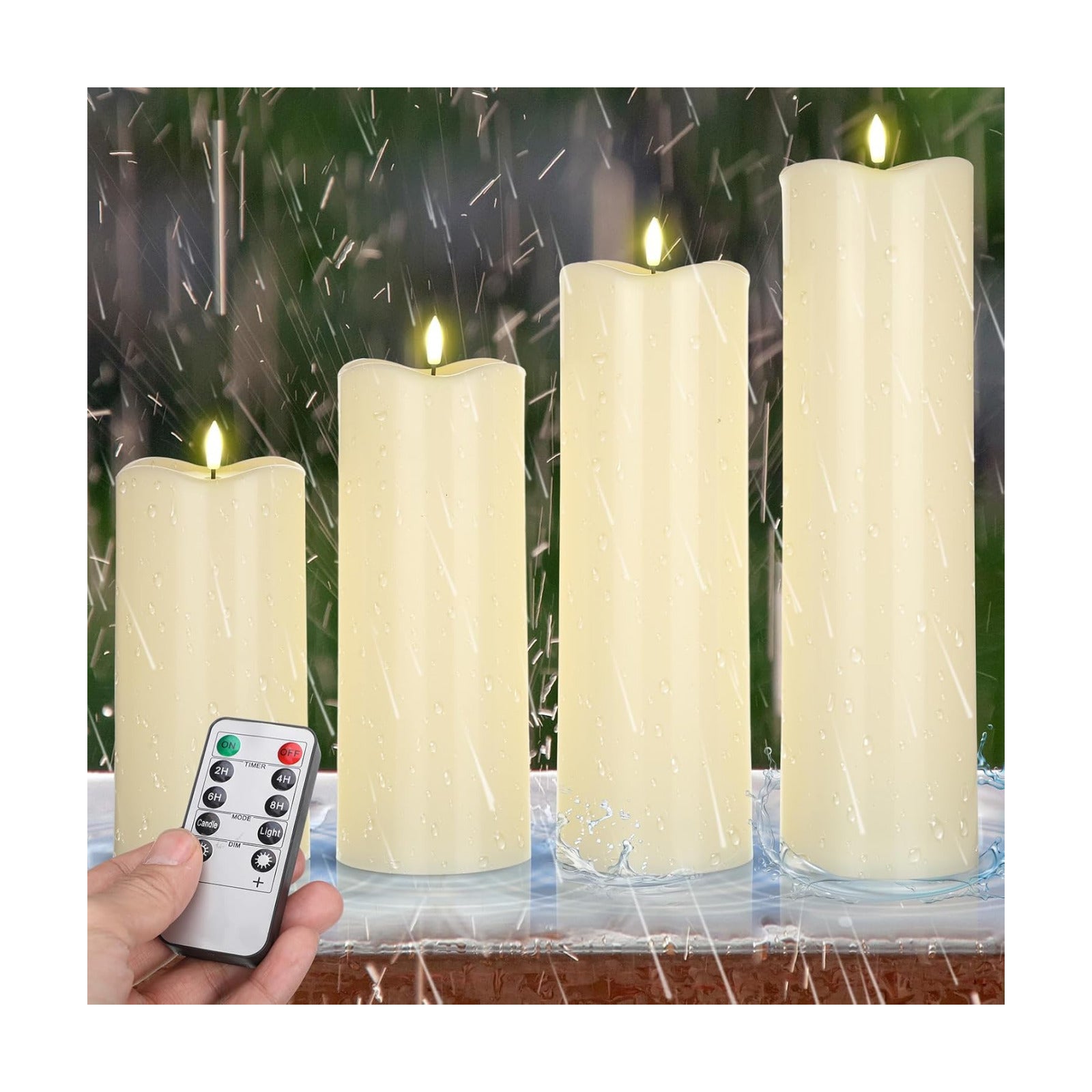 Rossesay 8" 10" 12" 14" x 4" Large Waterproof Outdoor Flameless Candles, 4 Pcs LED Pillar Candles with Remote and