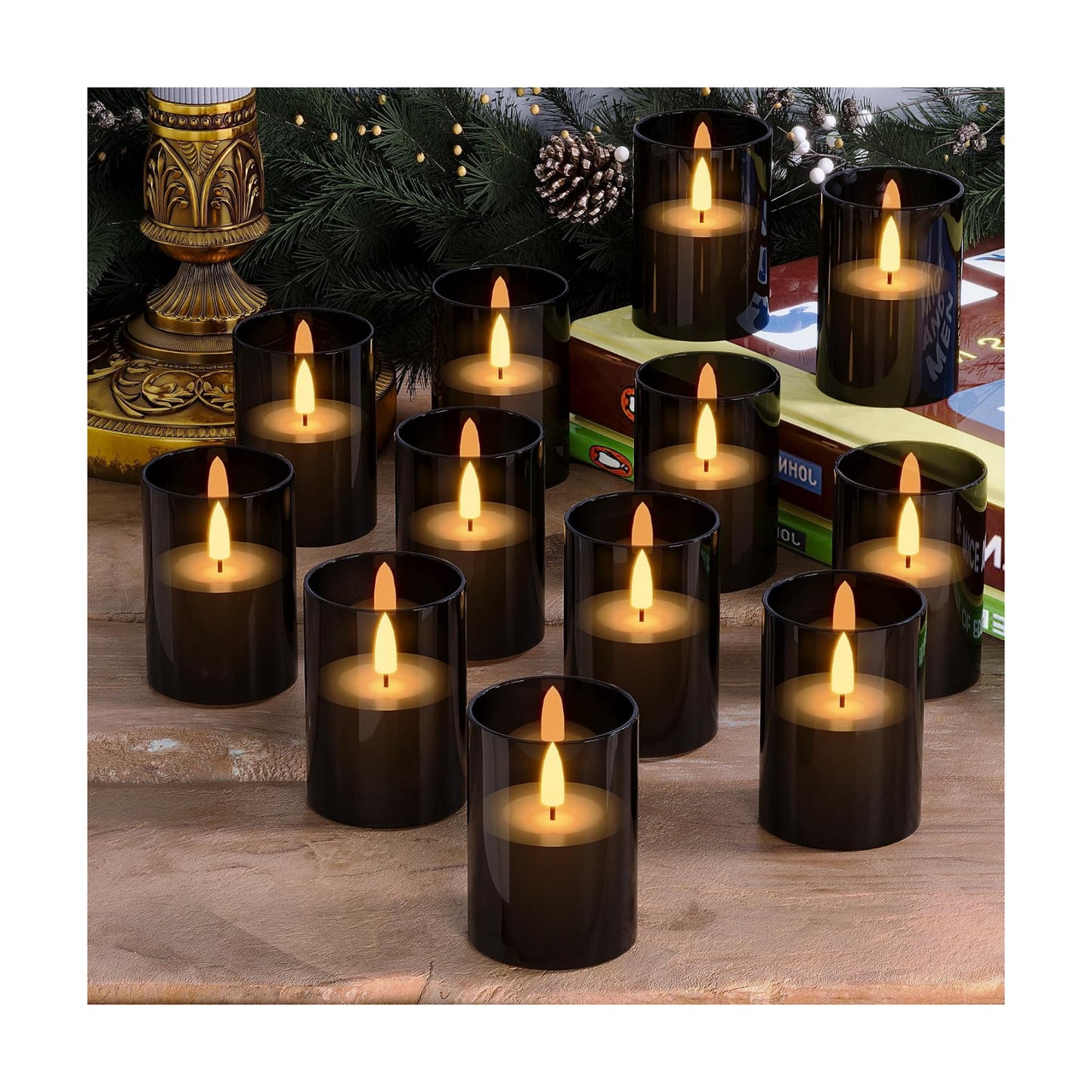 12Pack Flameless LED Candles with Timer, Battery Operated, Black, 2"x3" | Small Pillar & Votive Candle with Realistic