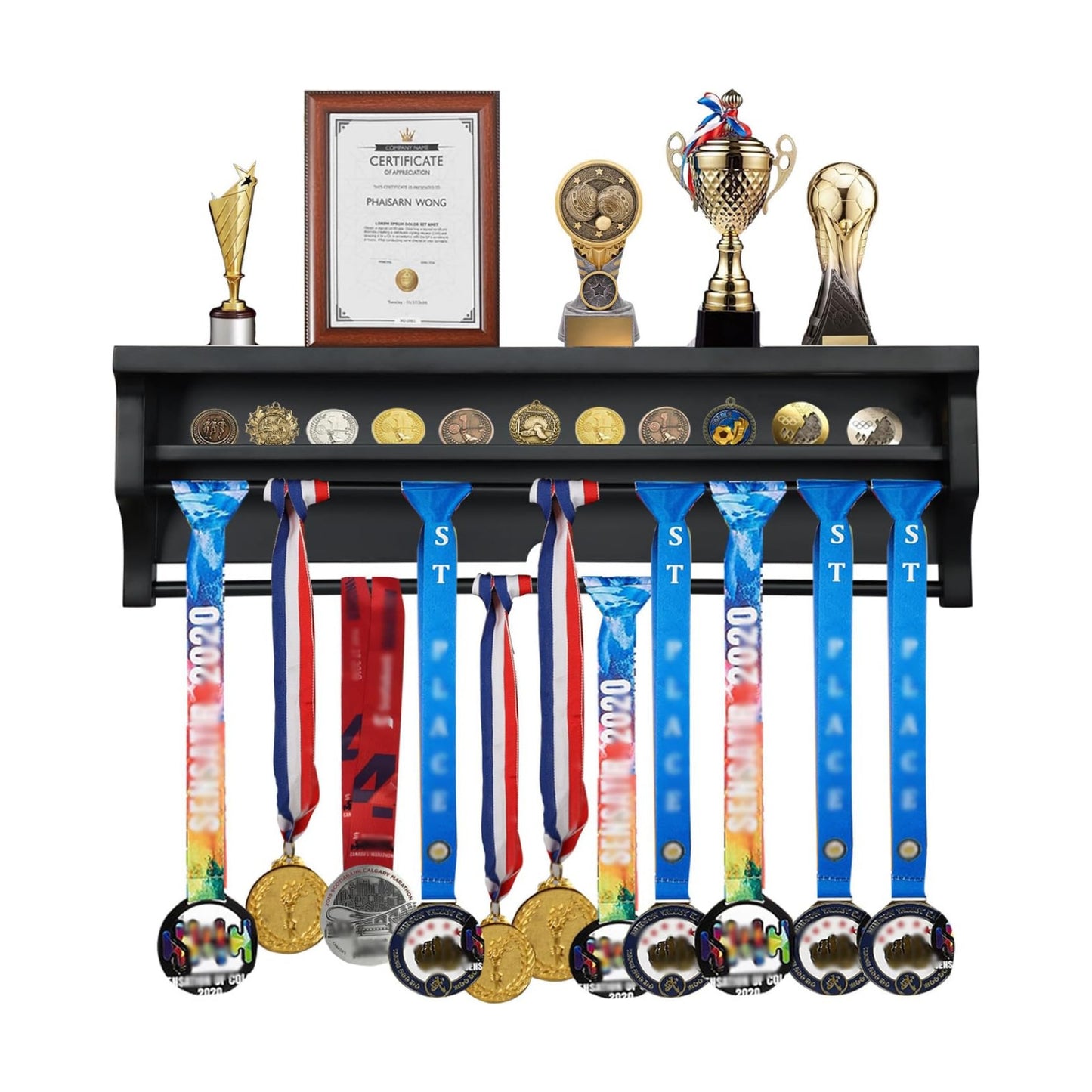 IHEIPYE Medal Hanger Display Shelf Medal Rack Display Holder Black | Solid Wood，Wall Mount, Runners, Marathon, Race