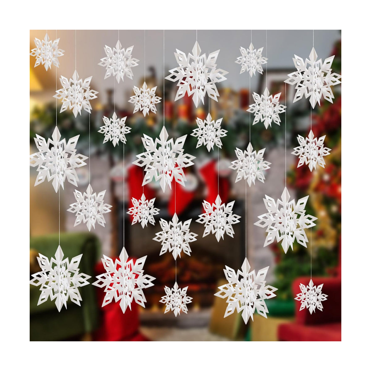 Crafare 18 Pieces Paper Winter Christmas Hanging Snowflake Decorations 3D Large White Snowflakes with String 6 inch, 8 inch10 inch,for Christmas New Year's Party Frozen-Themed Birthday Celebration