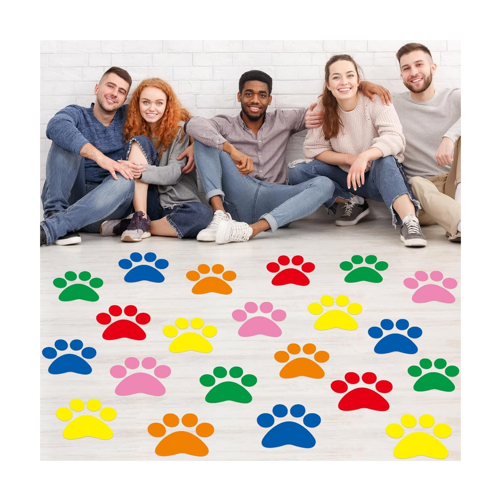 Paw Print Floor Decal 7.5" Large Pawprints Wall Cling Self Adhesive / Multi Color / Set of 30