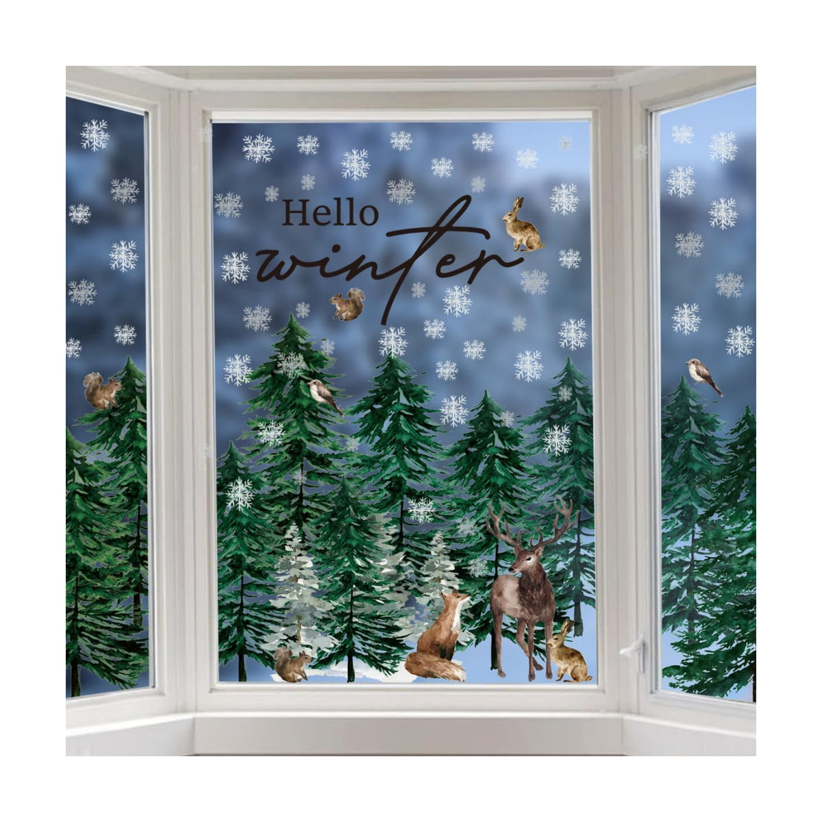 Horaldaily 35 PCS Christmas Window Cling Sticker, Green Xmas Trees Deer Squirrel Rabbit for Home Party Supplies Shop Window Glass Display Decoration