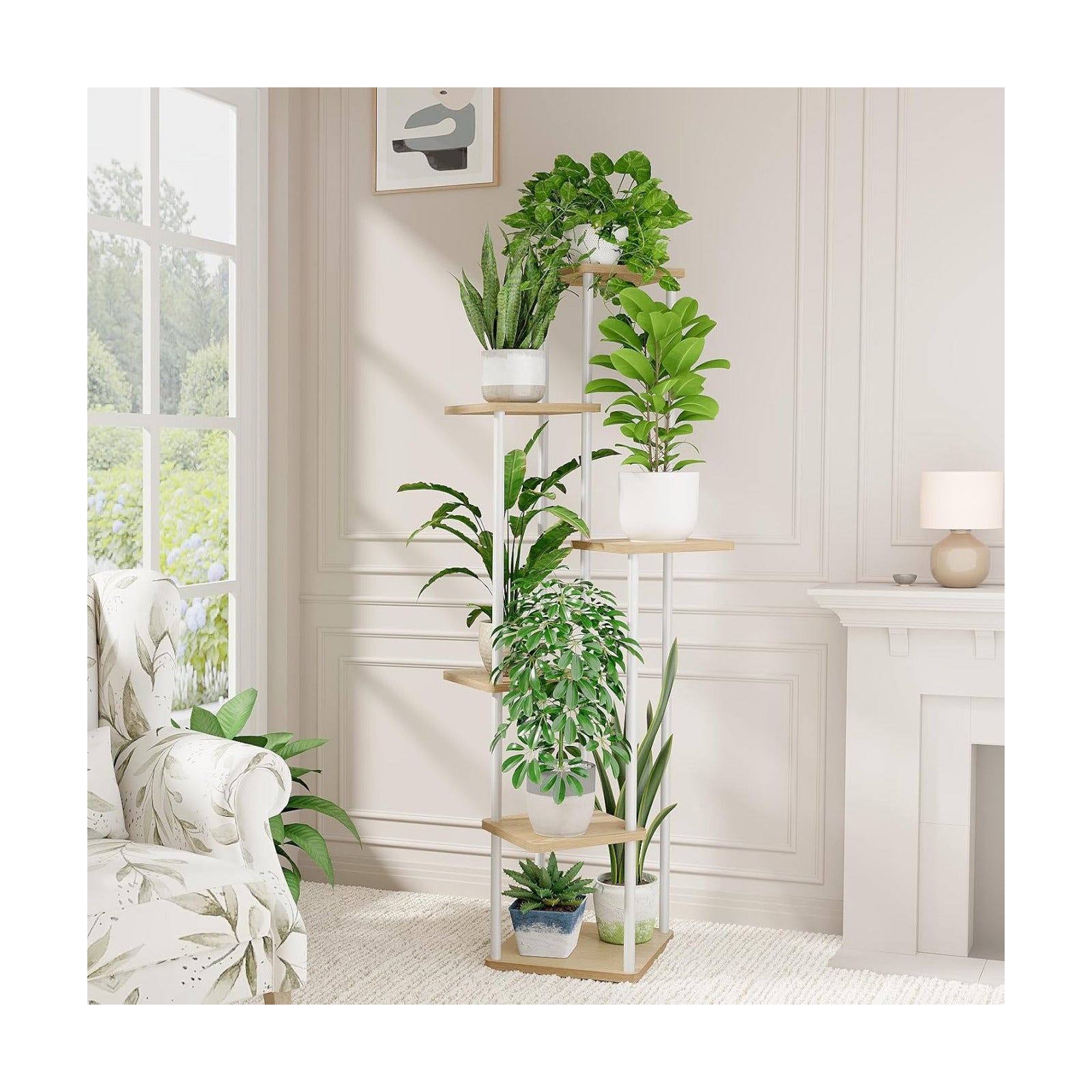 Bamworld White Plant Stand Indoor Tall Metal Wood Plant Shelf | 6 Tier Flower Stand for Patio Garden Balcony Living