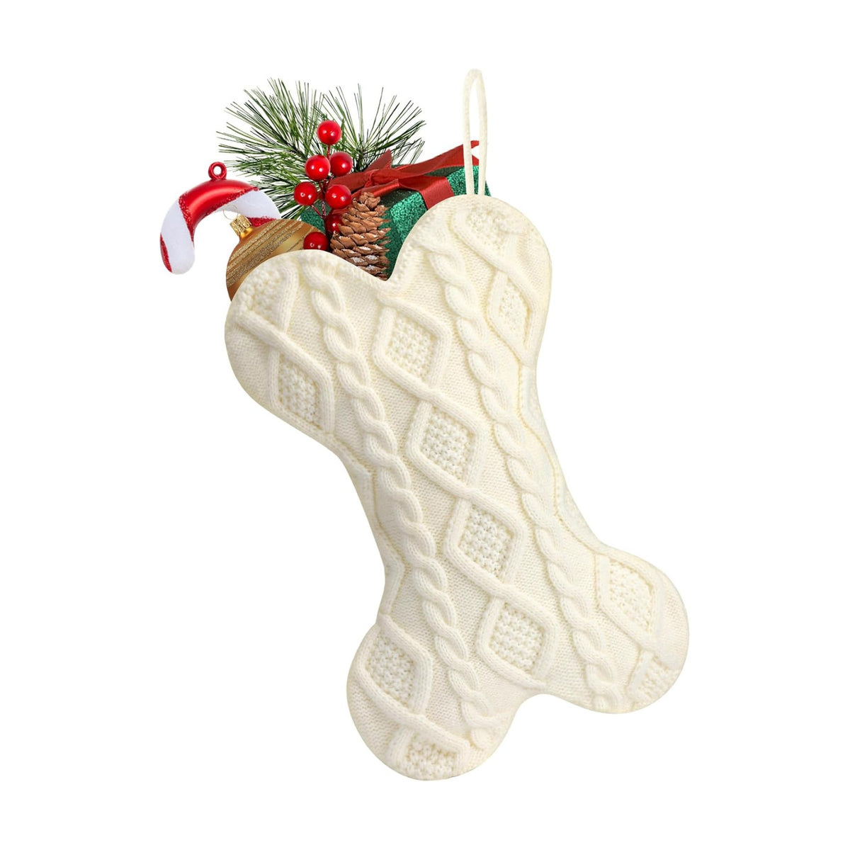 Hommtina Dog Christmas Stocking, Bone Shape Christmas Stocking for Dogs, Xmas Fireplace Hanging Stockings for Pets, Knit Dog Stockings Christmas Decorations(Bone, Classic White)