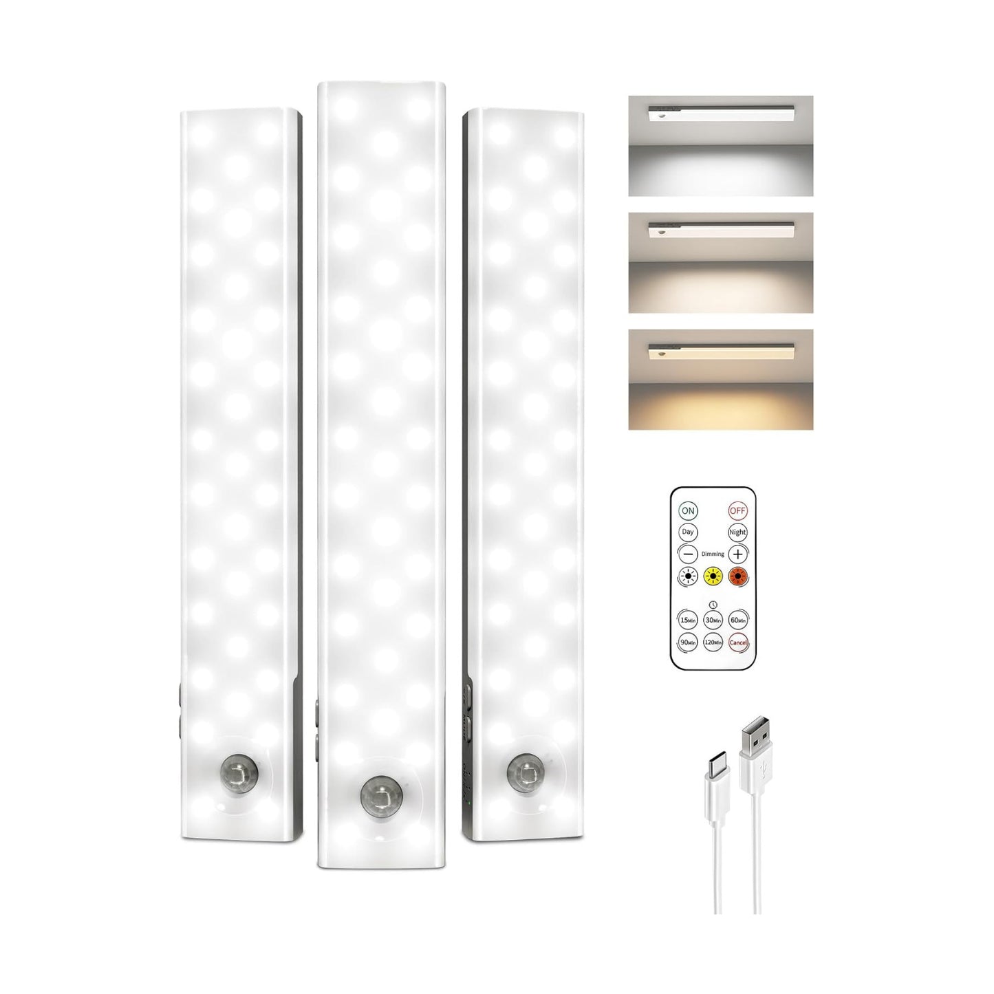 EZVALO 3-Pack Under Cabinet Lighting with Charging Station, 1800mAh Rechargeable Wireless Motion Sensor Lights, 3 Color