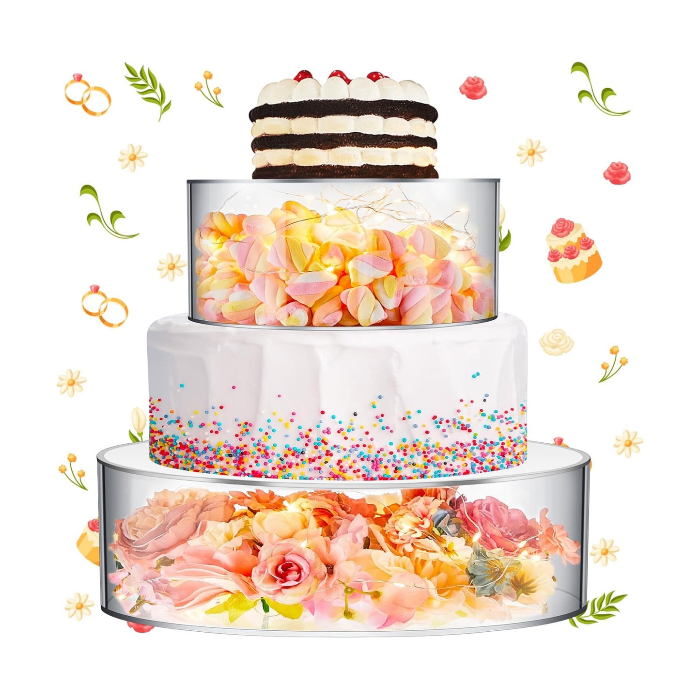 Sunnyray 2 Pcs Acrylic Cake Stands for Dessert Table Clear Fillable Cake Riser Cupcake Tier with LED Strings for