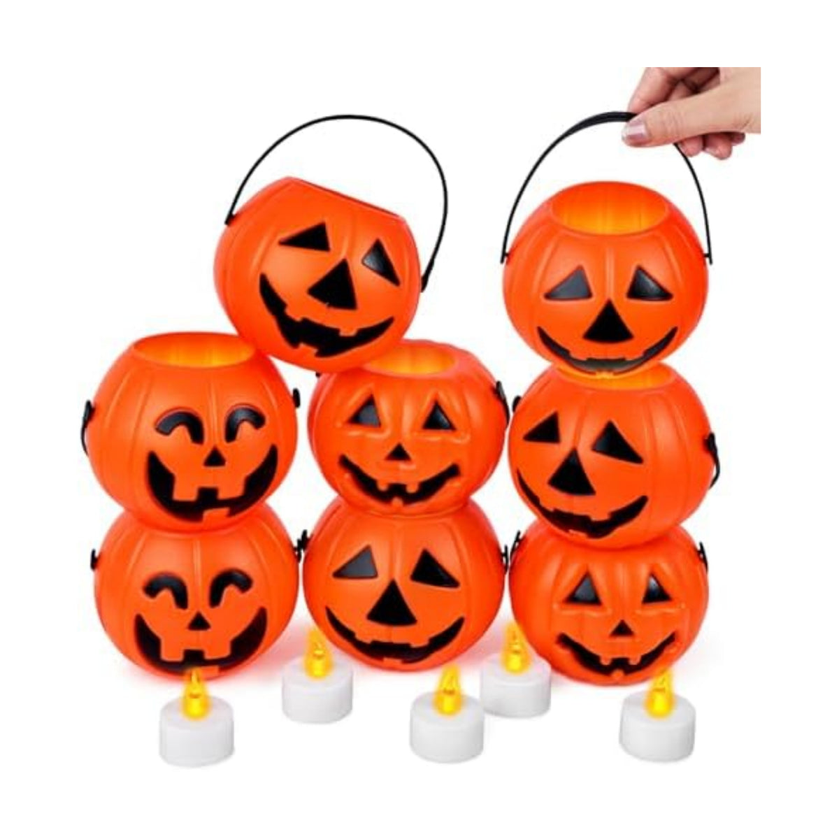 3 otters 8PCS Halloween Pumpkin Buckets, Mini Portable Pumpkin Buckets Trick or Treat Buckets for Party Birthday Halloween Family Gatherings