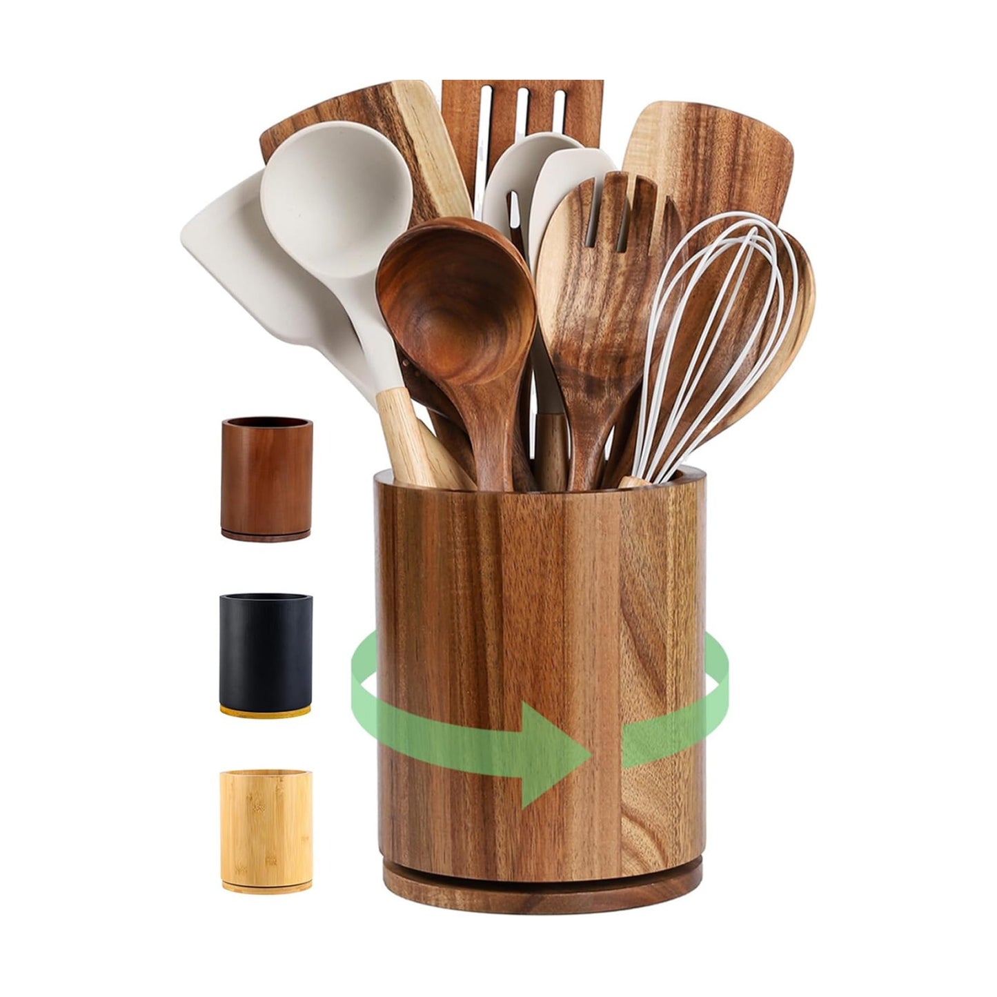 Acacia Wood Utensil Holder, 360° Rotating 7.3 in Kitchen Organizer | Rustic farmhouse countertop decor. Rotating base
