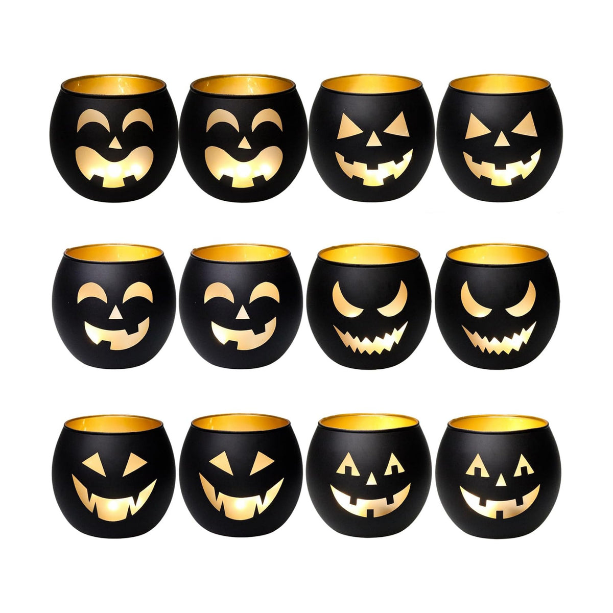 SHMILMH Halloween Table Centerpiece Candle Holders Set of 12, Black and Gold Glass Votive Holder with 6 Grimace, Tealight Holders Bulk for Halloween Party Decor