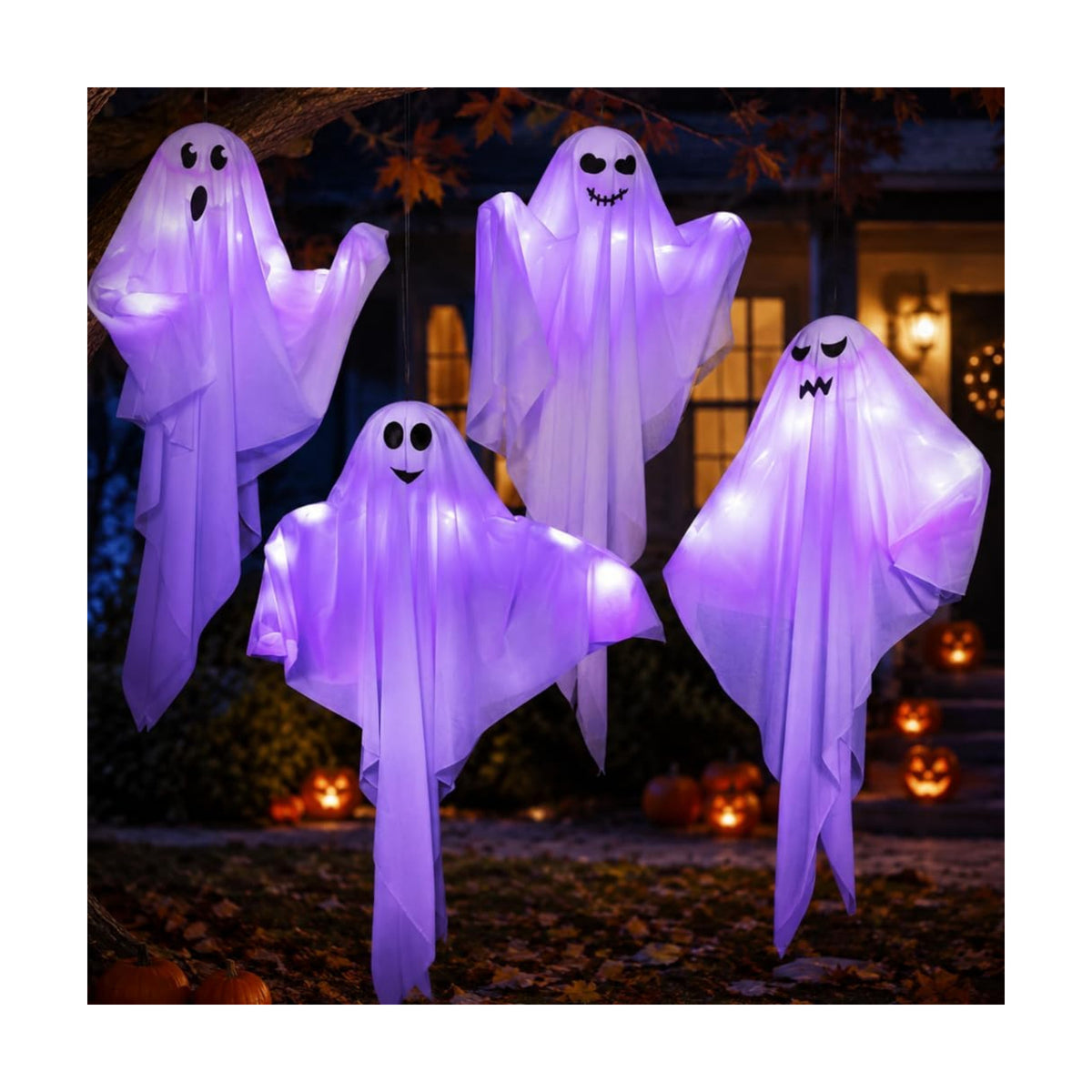 4 Pack Halloween Hanging Ghosts with LED Lights, 27.5 Inch Light Up Ghost Decorations for Indoor Outdoor, Lawn Yard Tree Hanging Halloween Ornaments, Spooky Lighted Party Supplies