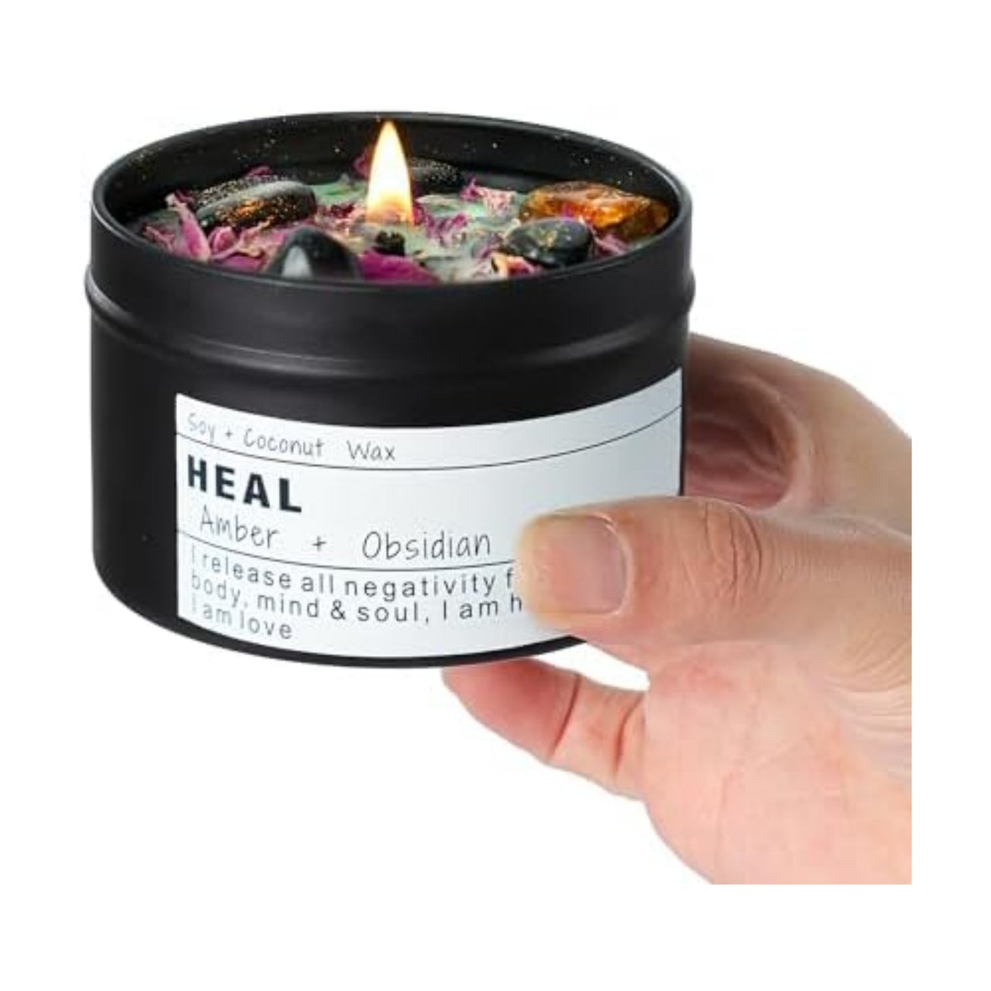 Obsidian Crystal Energy Candle, Good Aura Health Protection, Baltic Amber Chakra Magic Self-Care, Emotional Support